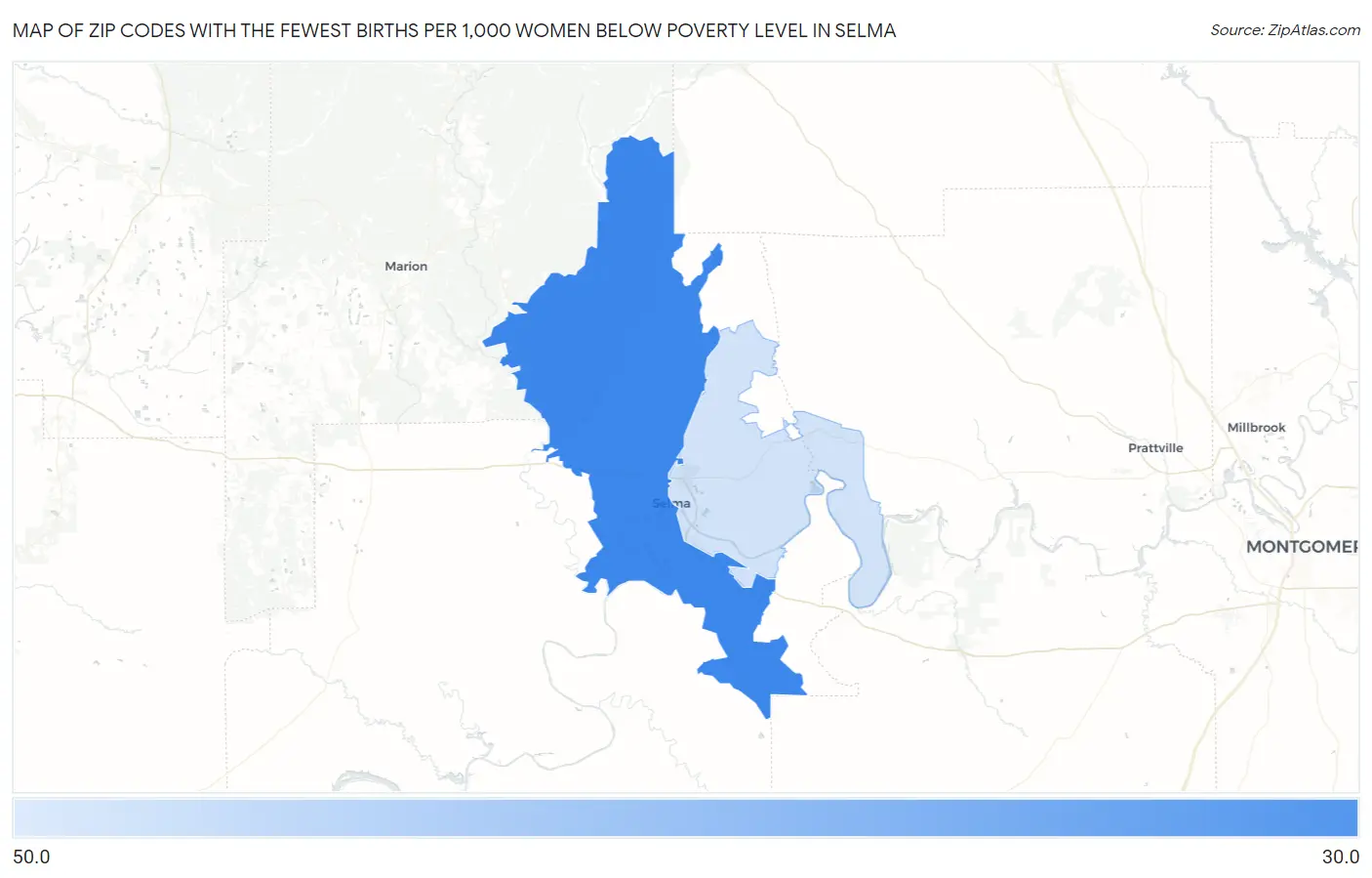 Zip Codes with the Fewest Births per 1,000 Women Below Poverty Level in Selma Map