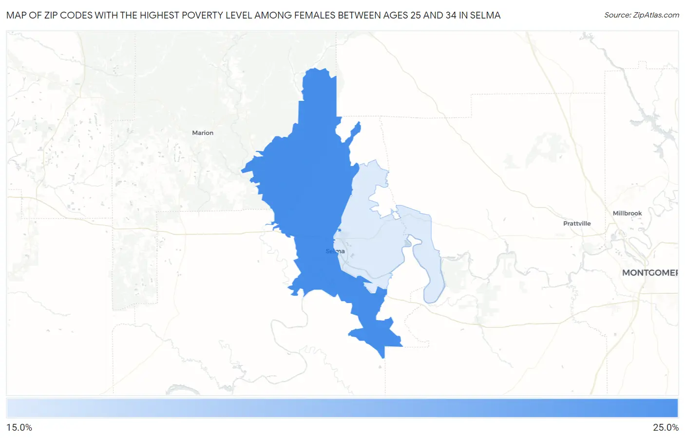 Zip Codes with the Highest Poverty Level Among Females Between Ages 25 and 34 in Selma Map