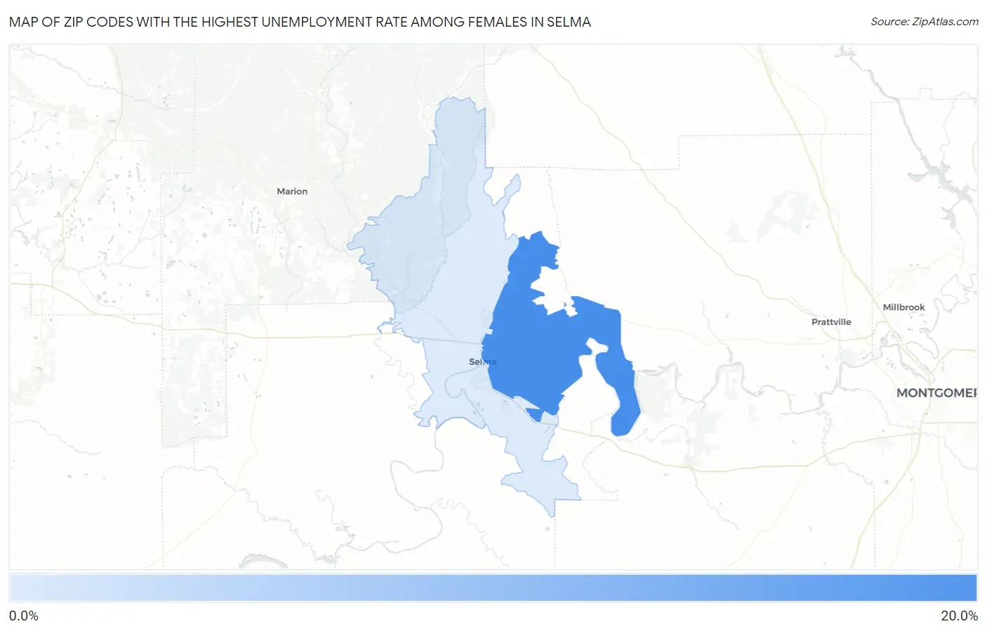 Zip Codes with the Highest Unemployment Rate Among Females in Selma Map