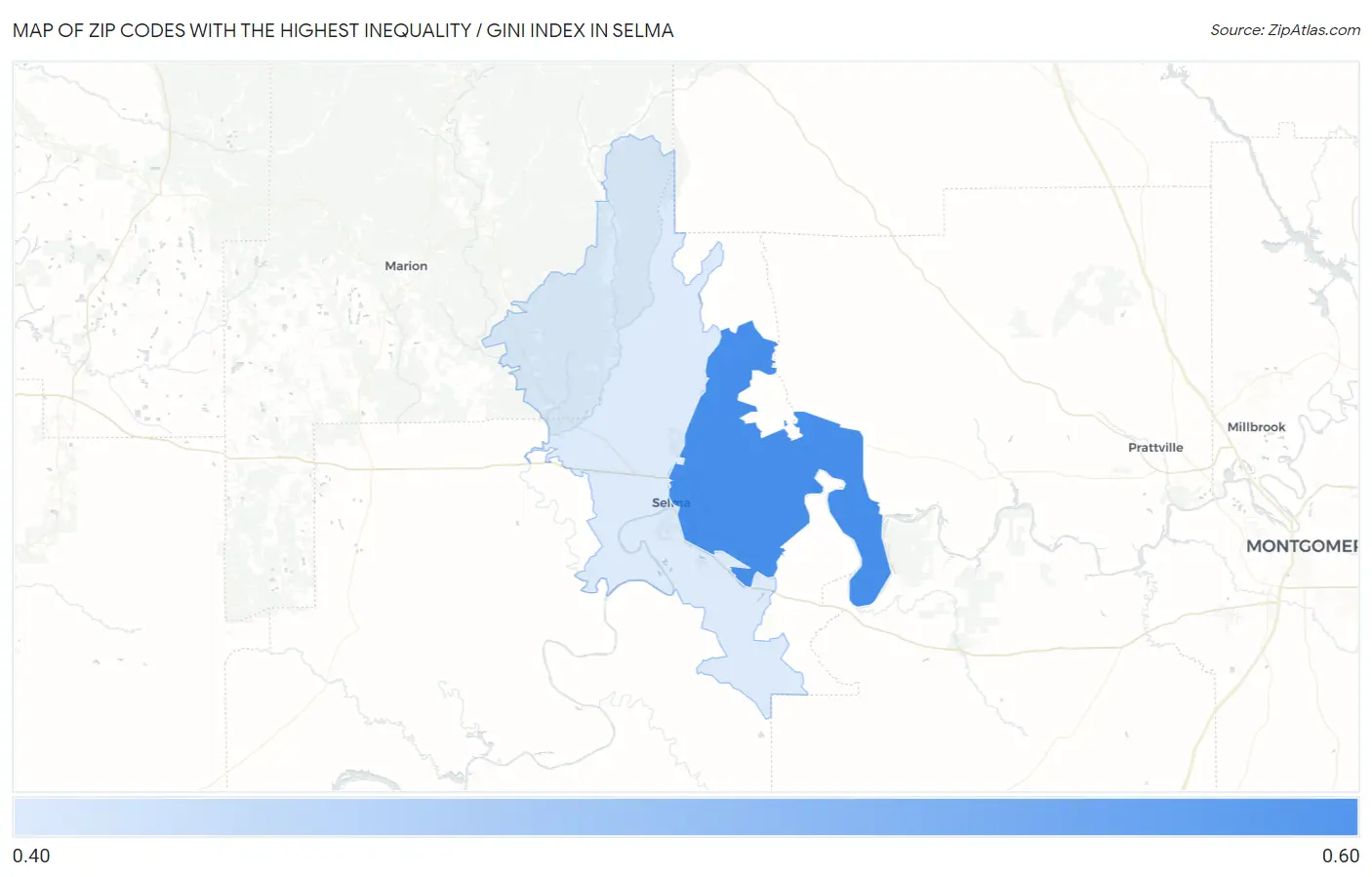 Zip Codes with the Highest Inequality / Gini Index in Selma Map