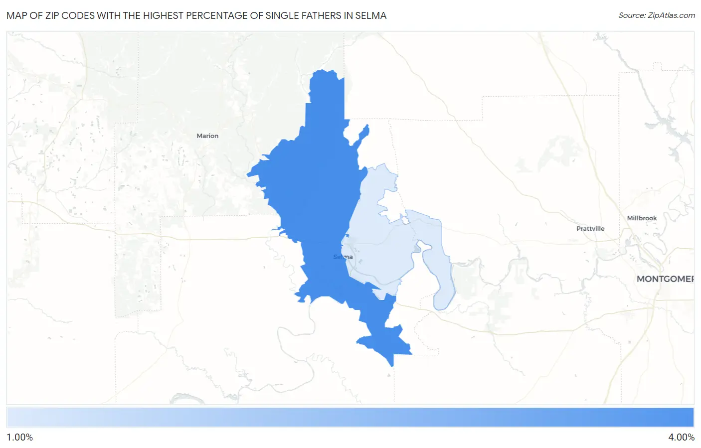 Zip Codes with the Highest Percentage of Single Fathers in Selma Map