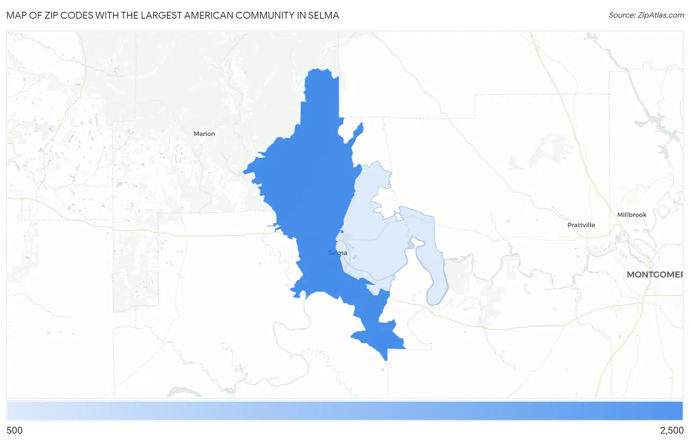 Zip Codes with the Largest American Community in Selma Map
