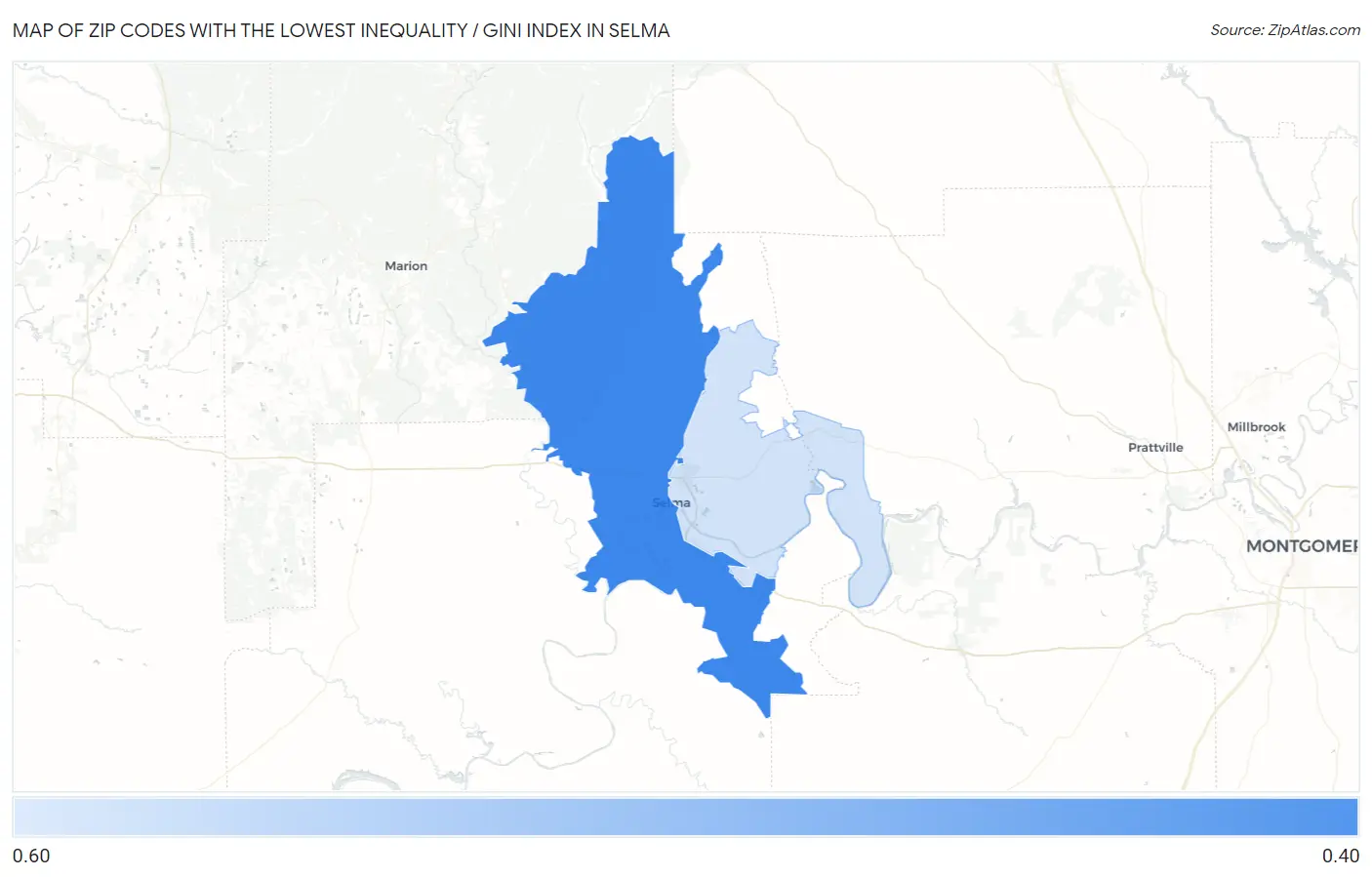 Zip Codes with the Lowest Inequality / Gini Index in Selma Map