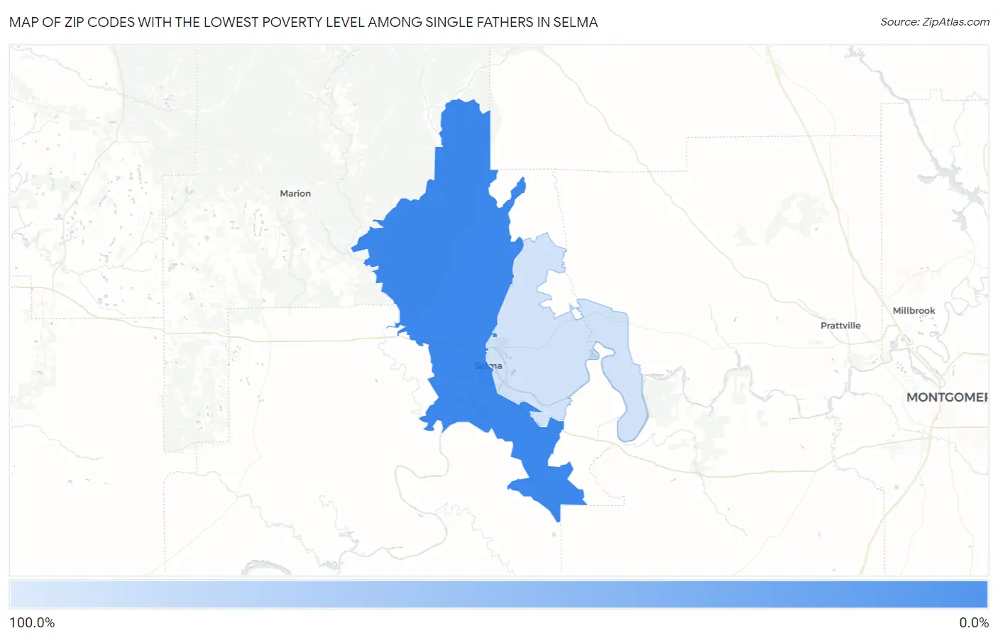 Zip Codes with the Lowest Poverty Level Among Single Fathers in Selma Map
