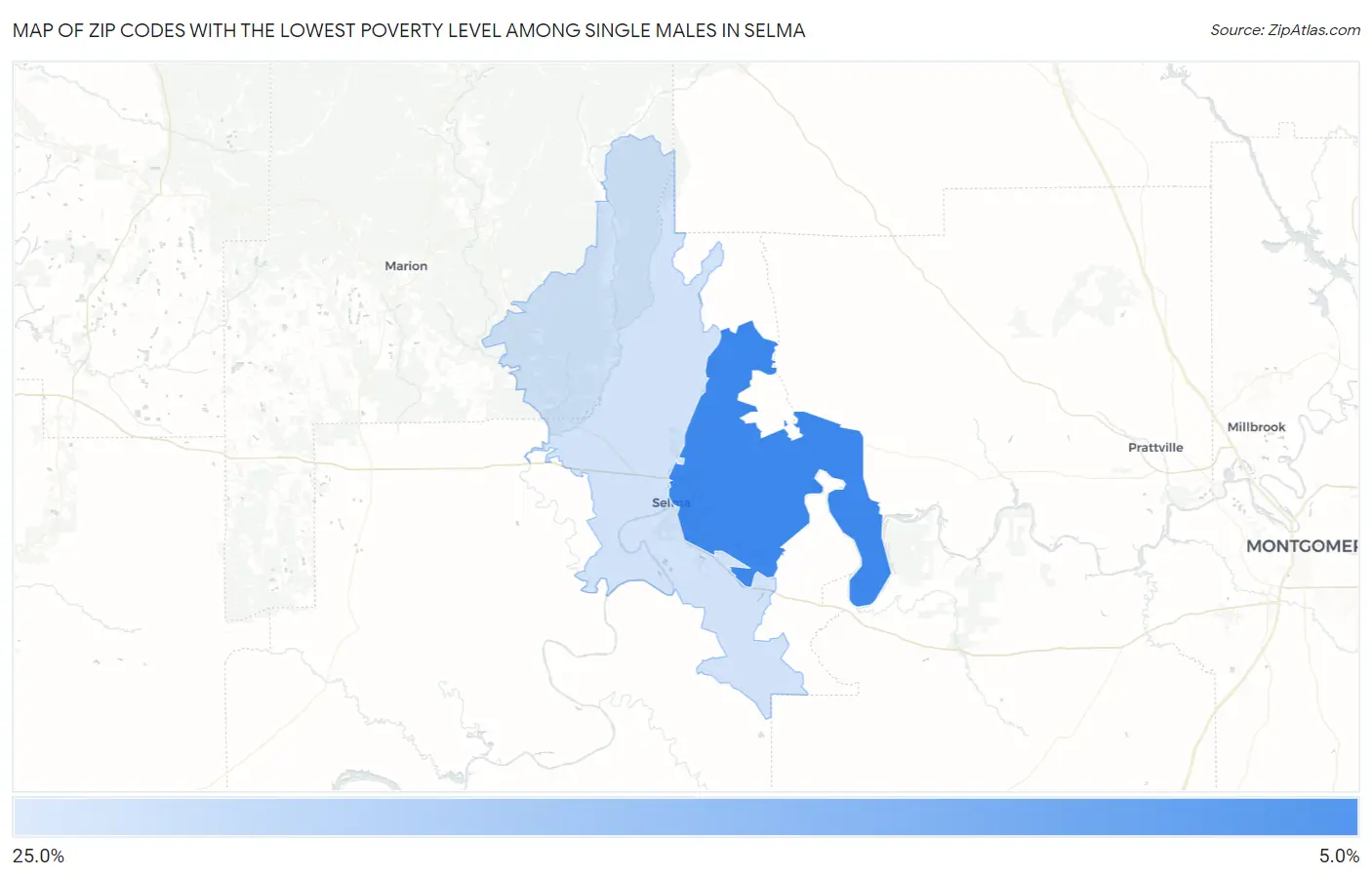 Zip Codes with the Lowest Poverty Level Among Single Males in Selma Map