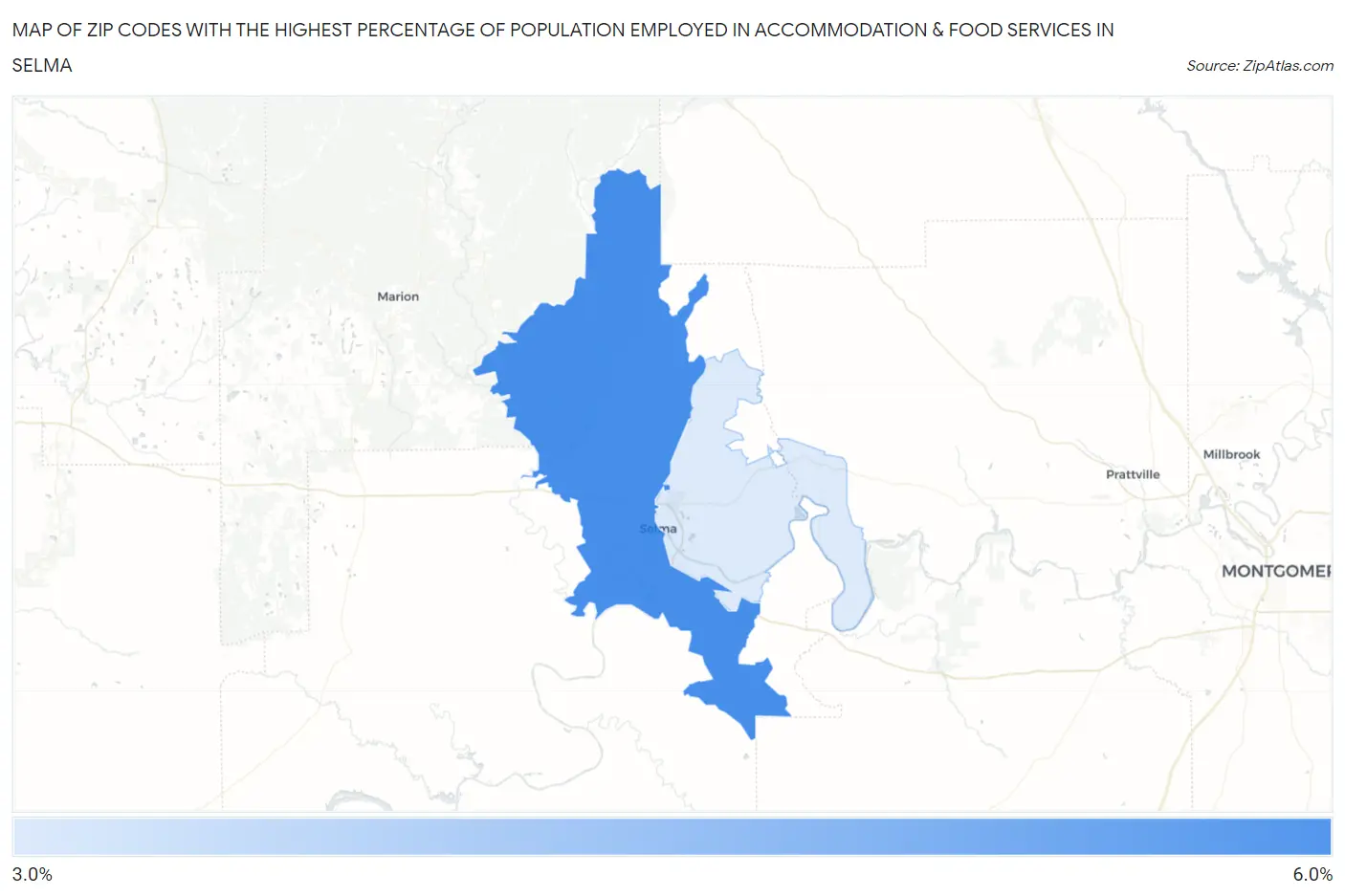 Zip Codes with the Highest Percentage of Population Employed in Accommodation & Food Services in Selma Map