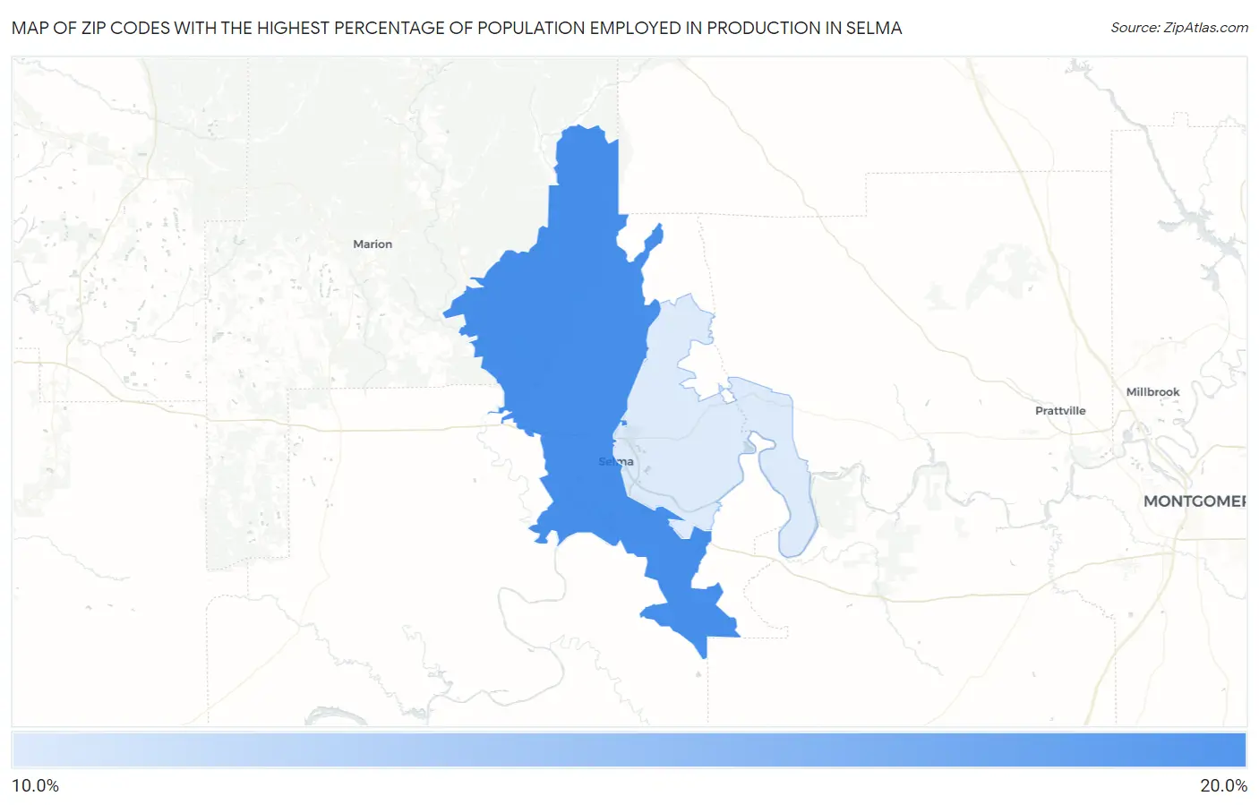 Zip Codes with the Highest Percentage of Population Employed in Production in Selma Map