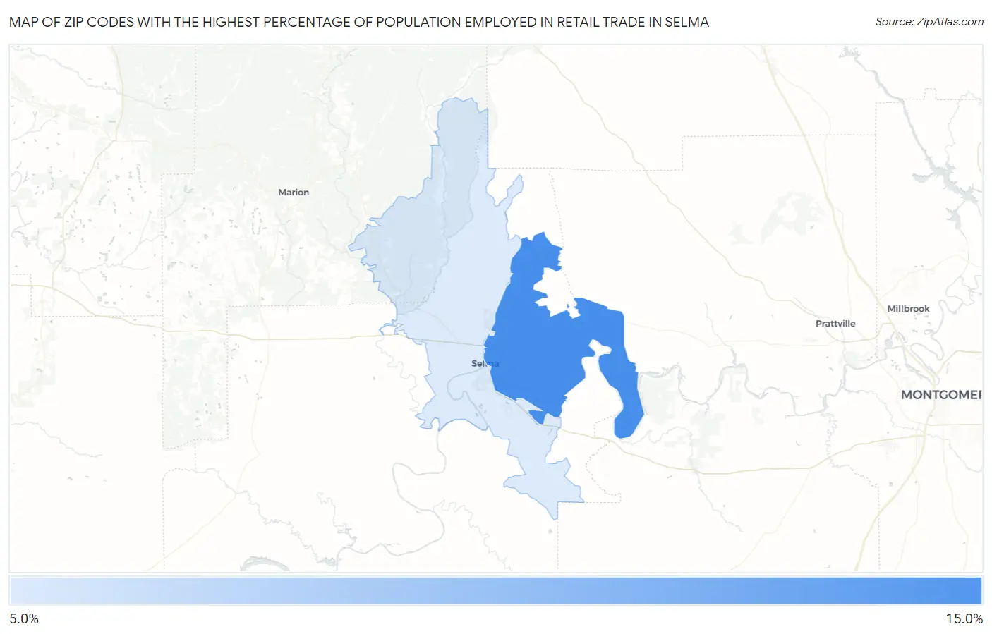 Zip Codes with the Highest Percentage of Population Employed in Retail Trade in Selma Map