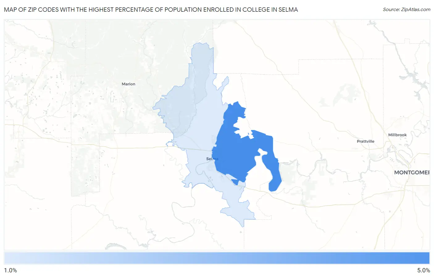 Zip Codes with the Highest Percentage of Population Enrolled in College in Selma Map