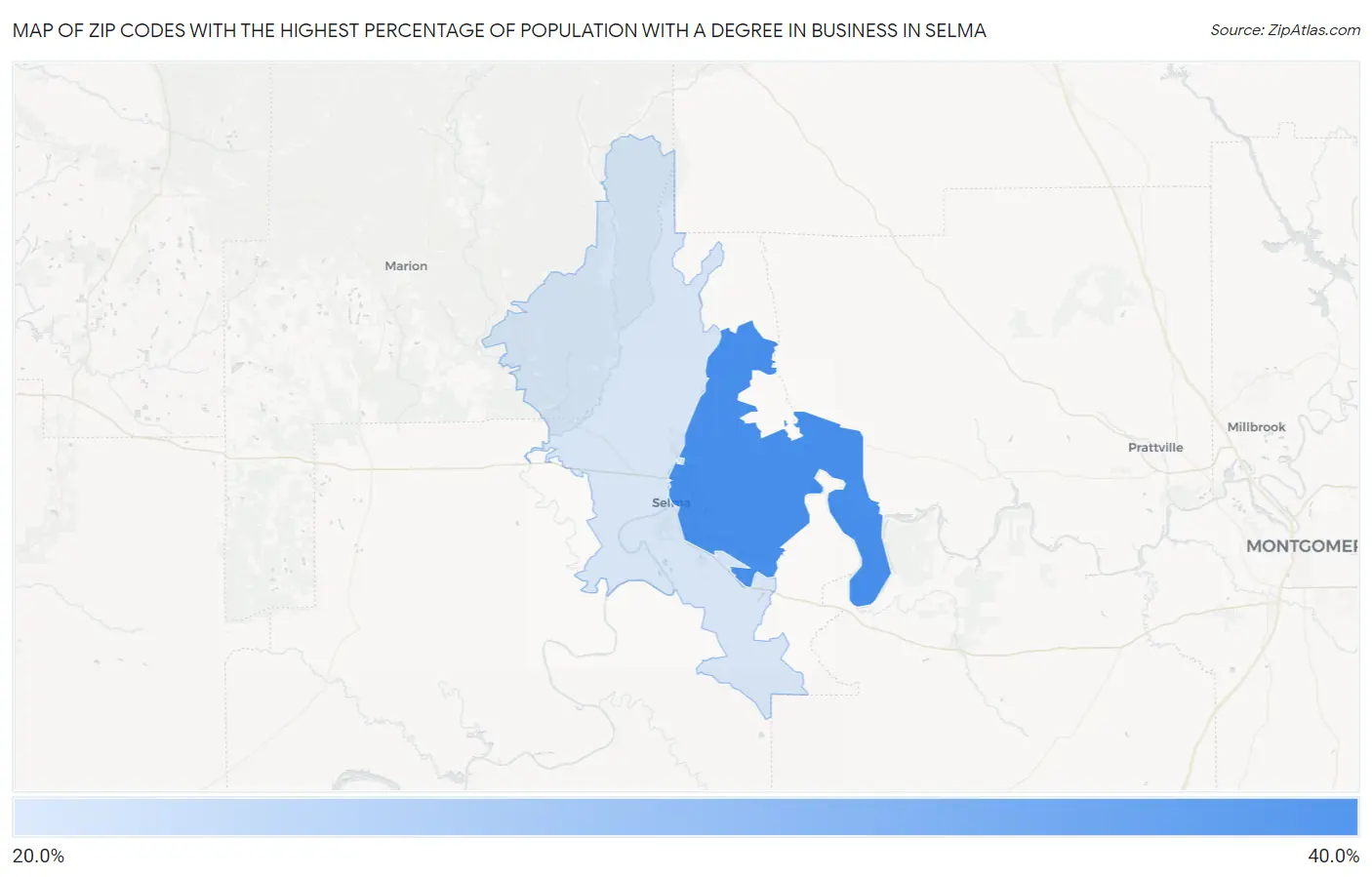 Zip Codes with the Highest Percentage of Population with a Degree in Business in Selma Map