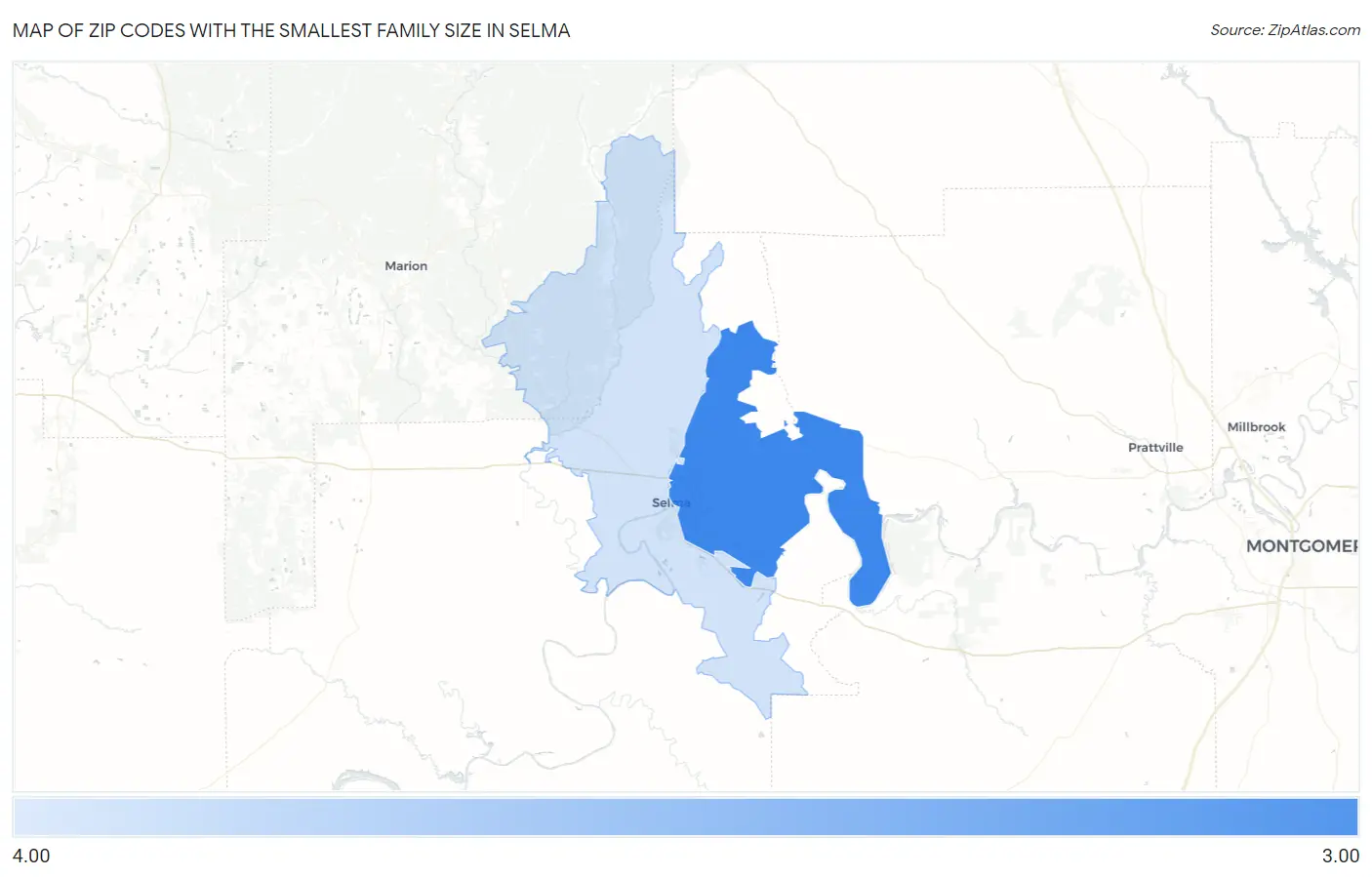 Zip Codes with the Smallest Family Size in Selma Map
