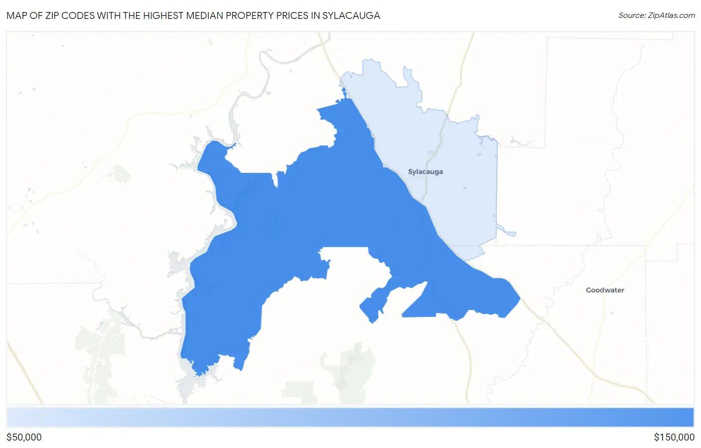 Zip Codes with the Highest Median Property Prices in Sylacauga Map