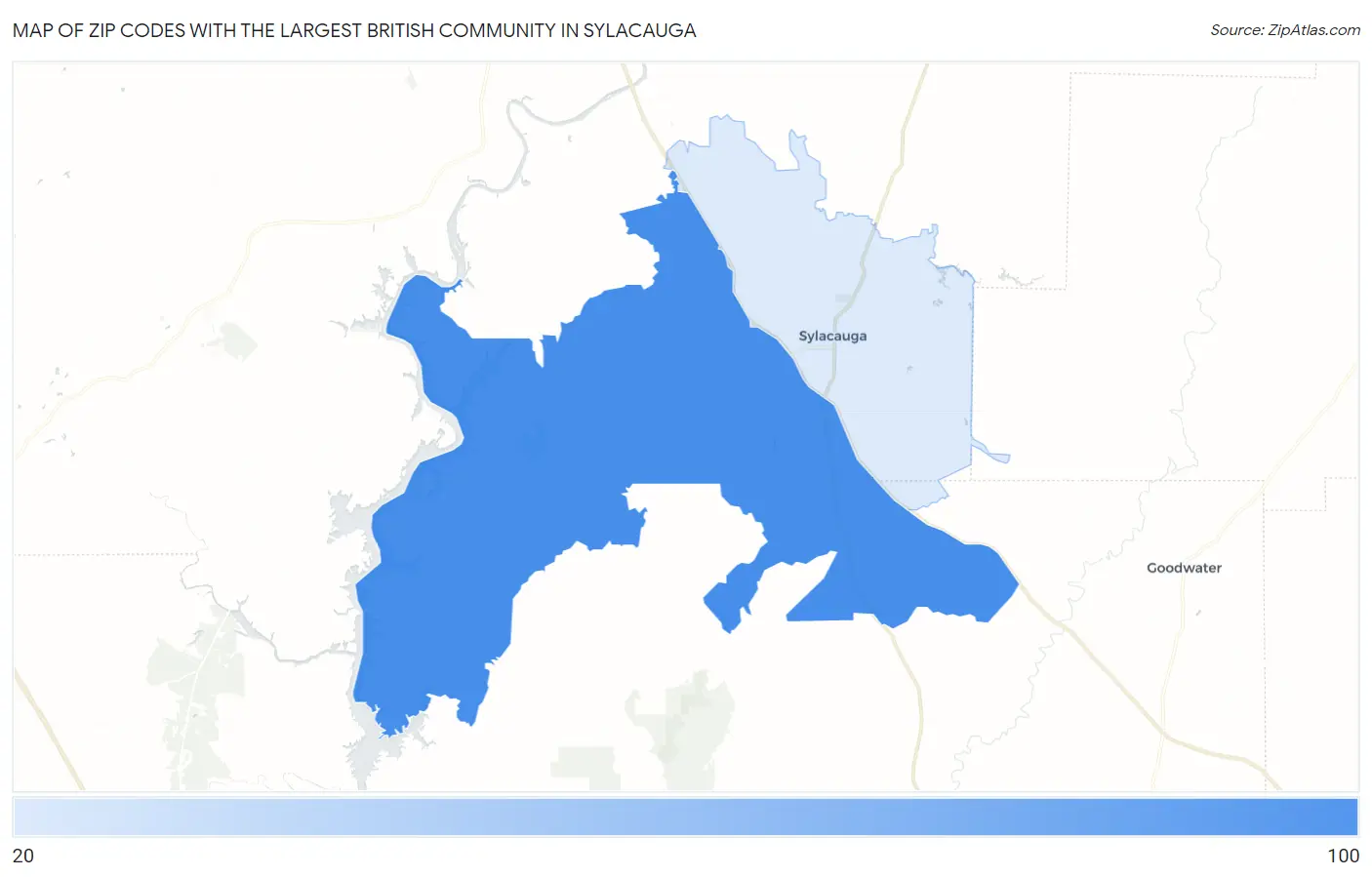 Zip Codes with the Largest British Community in Sylacauga Map