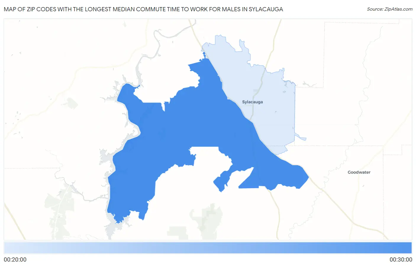 Zip Codes with the Longest Median Commute Time to Work for Males in Sylacauga Map
