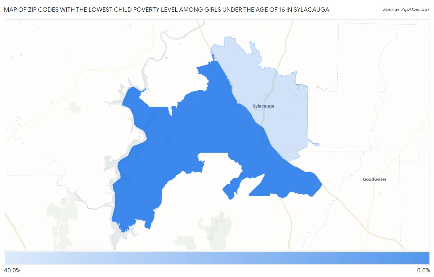 Zip Codes with the Lowest Child Poverty Level Among Girls Under the Age of 16 in Sylacauga Map