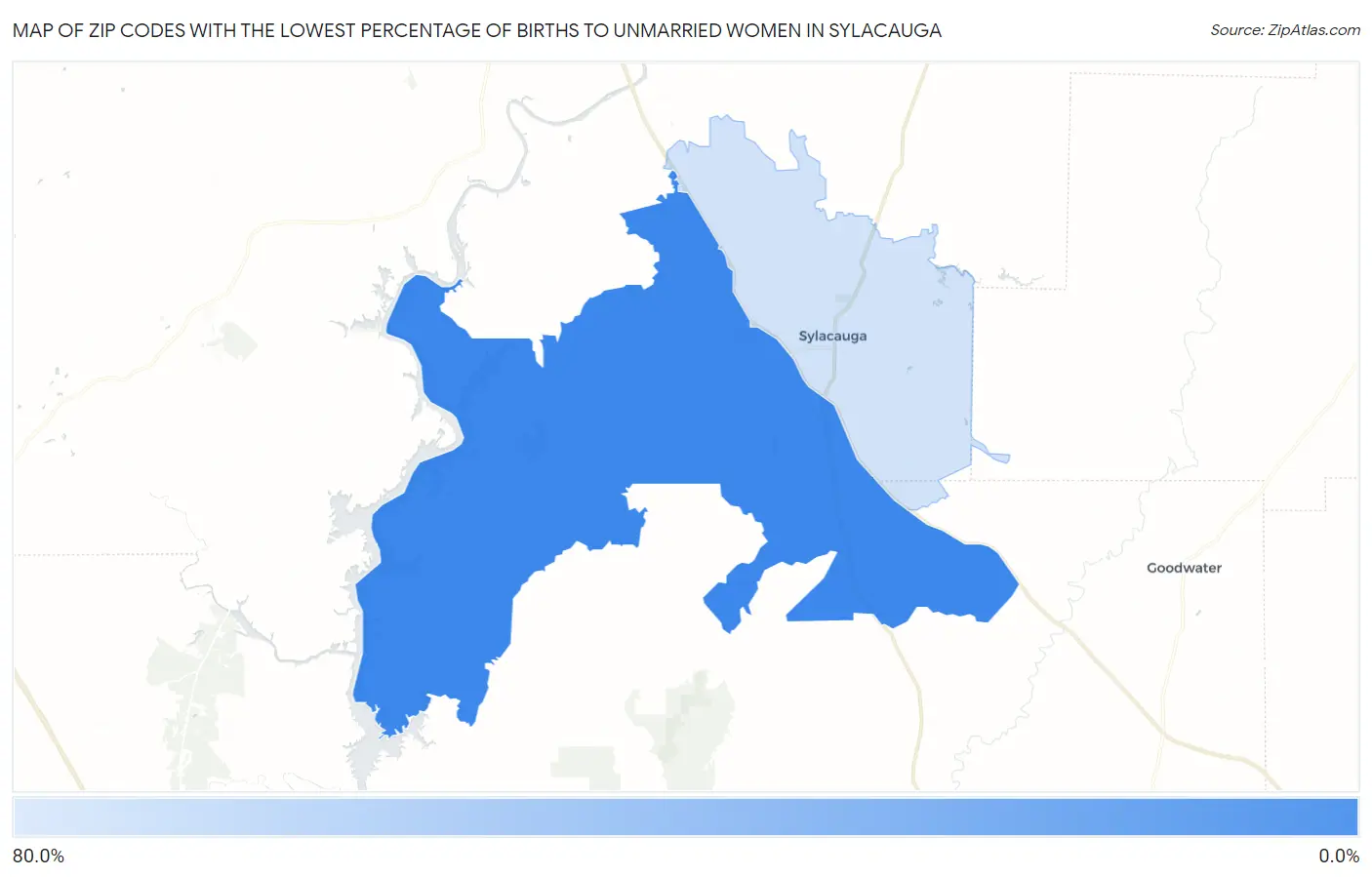 Zip Codes with the Lowest Percentage of Births to Unmarried Women in Sylacauga Map