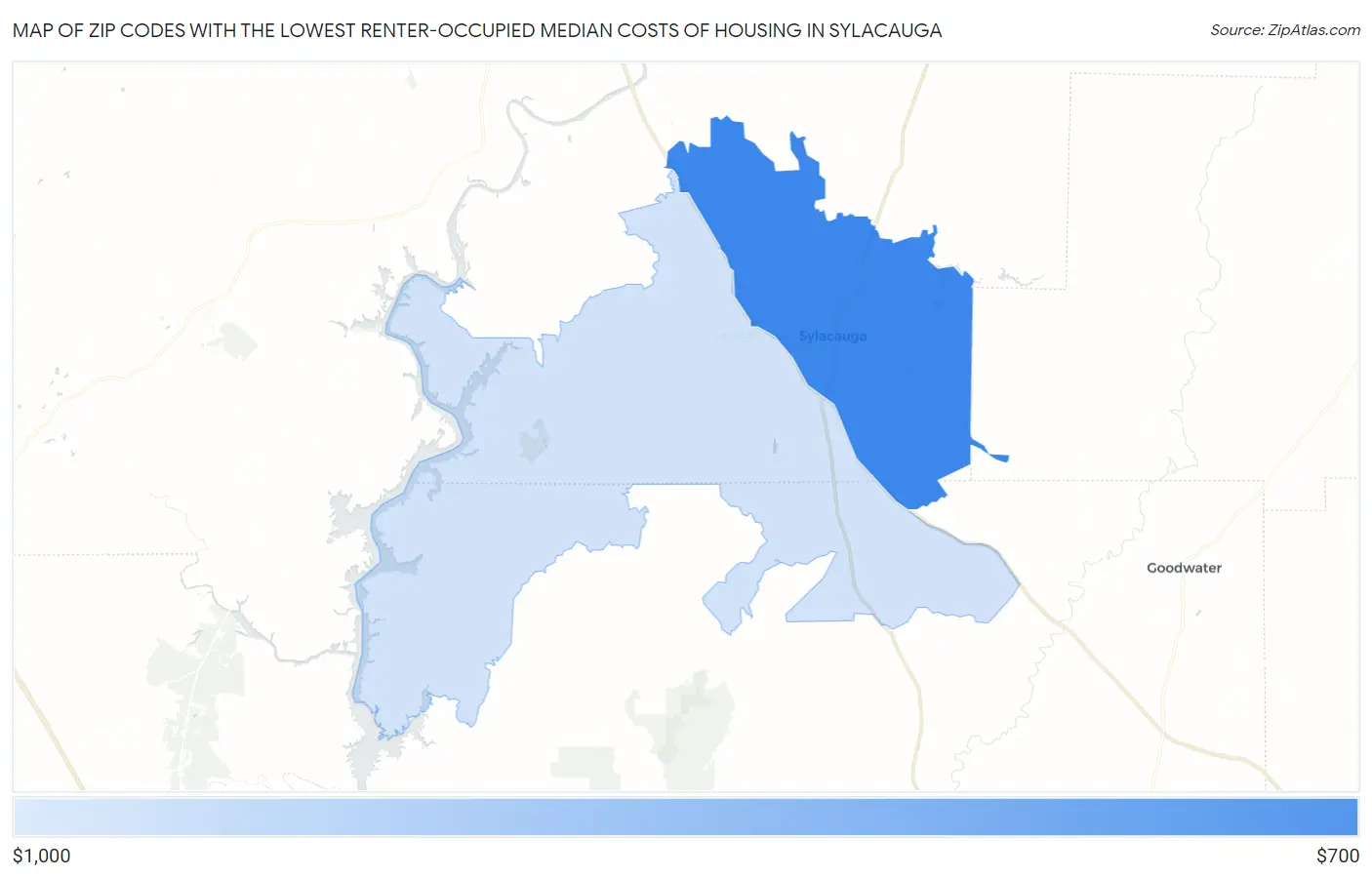 Zip Codes with the Lowest Renter-Occupied Median Costs of Housing in Sylacauga Map