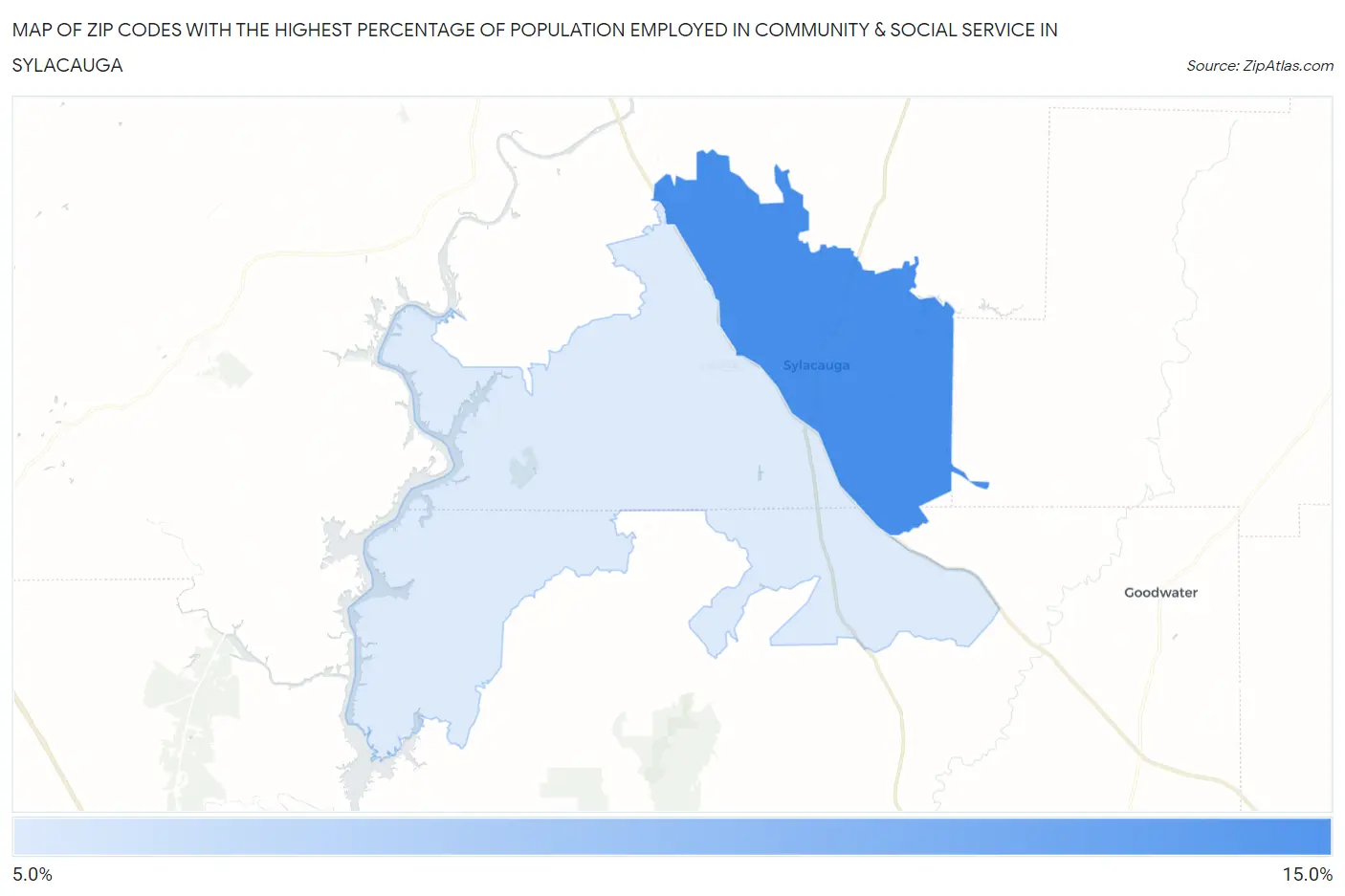 Zip Codes with the Highest Percentage of Population Employed in Community & Social Service  in Sylacauga Map