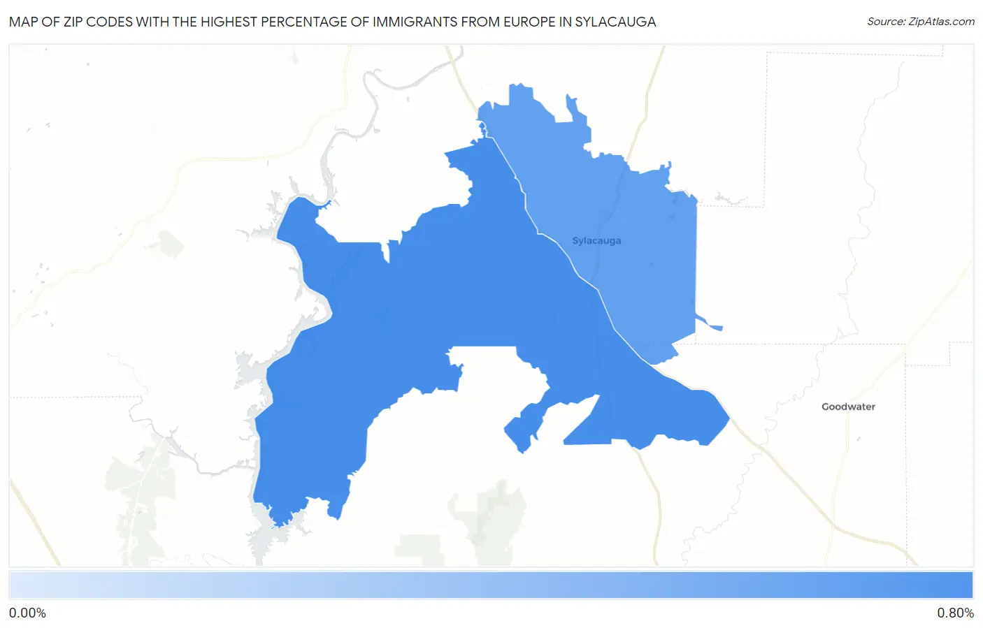 Zip Codes with the Highest Percentage of Immigrants from Europe in Sylacauga Map