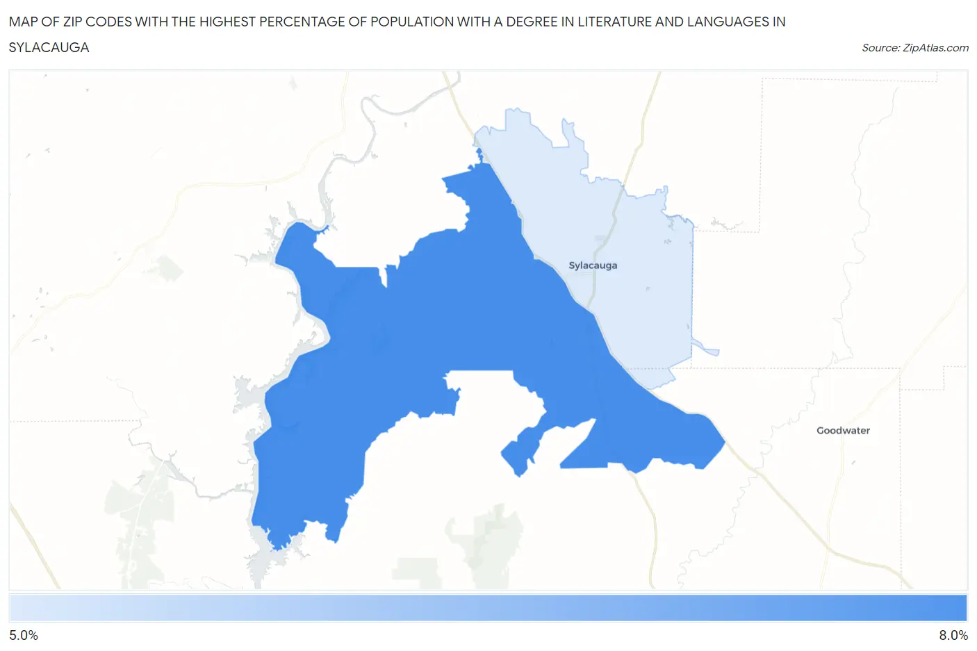 Zip Codes with the Highest Percentage of Population with a Degree in Literature and Languages in Sylacauga Map