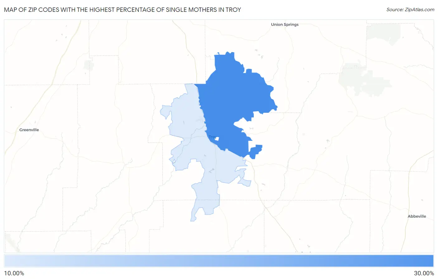 Zip Codes with the Highest Percentage of Single Mothers in Troy Map