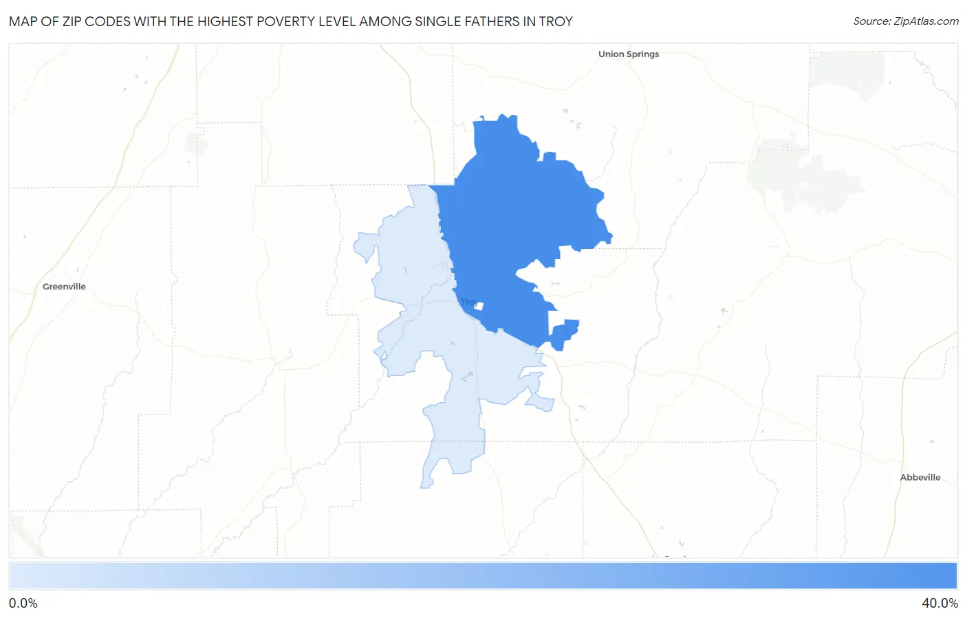Zip Codes with the Highest Poverty Level Among Single Fathers in Troy Map