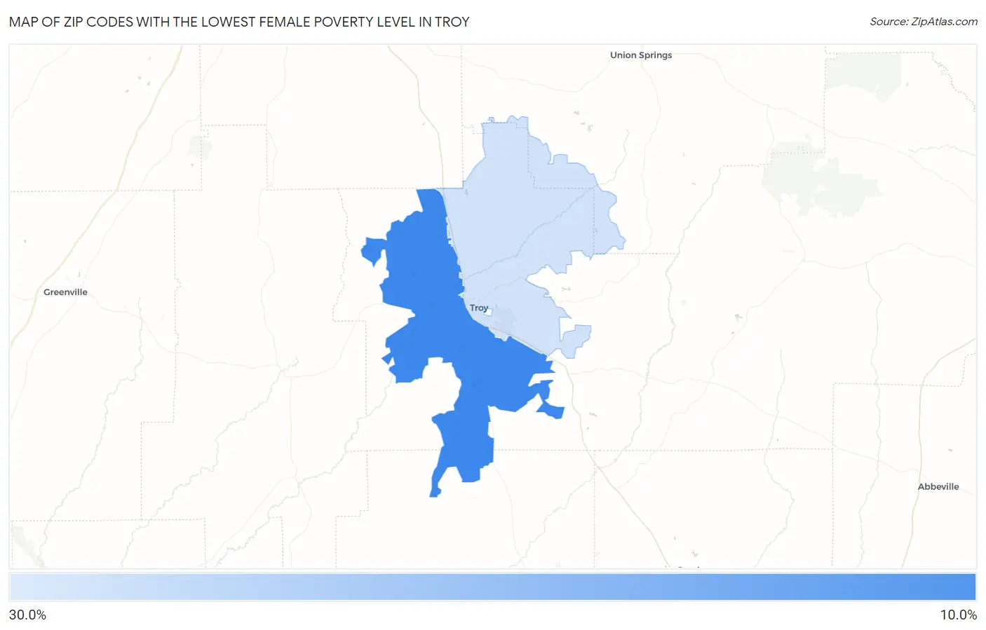 Zip Codes with the Lowest Female Poverty Level in Troy Map