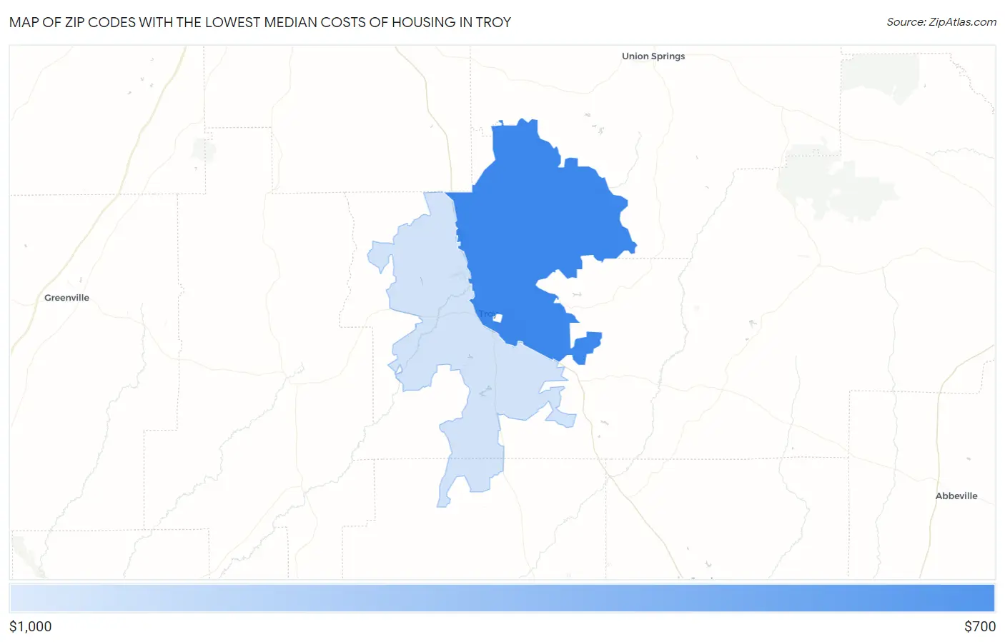 Zip Codes with the Lowest Median Costs of Housing in Troy Map