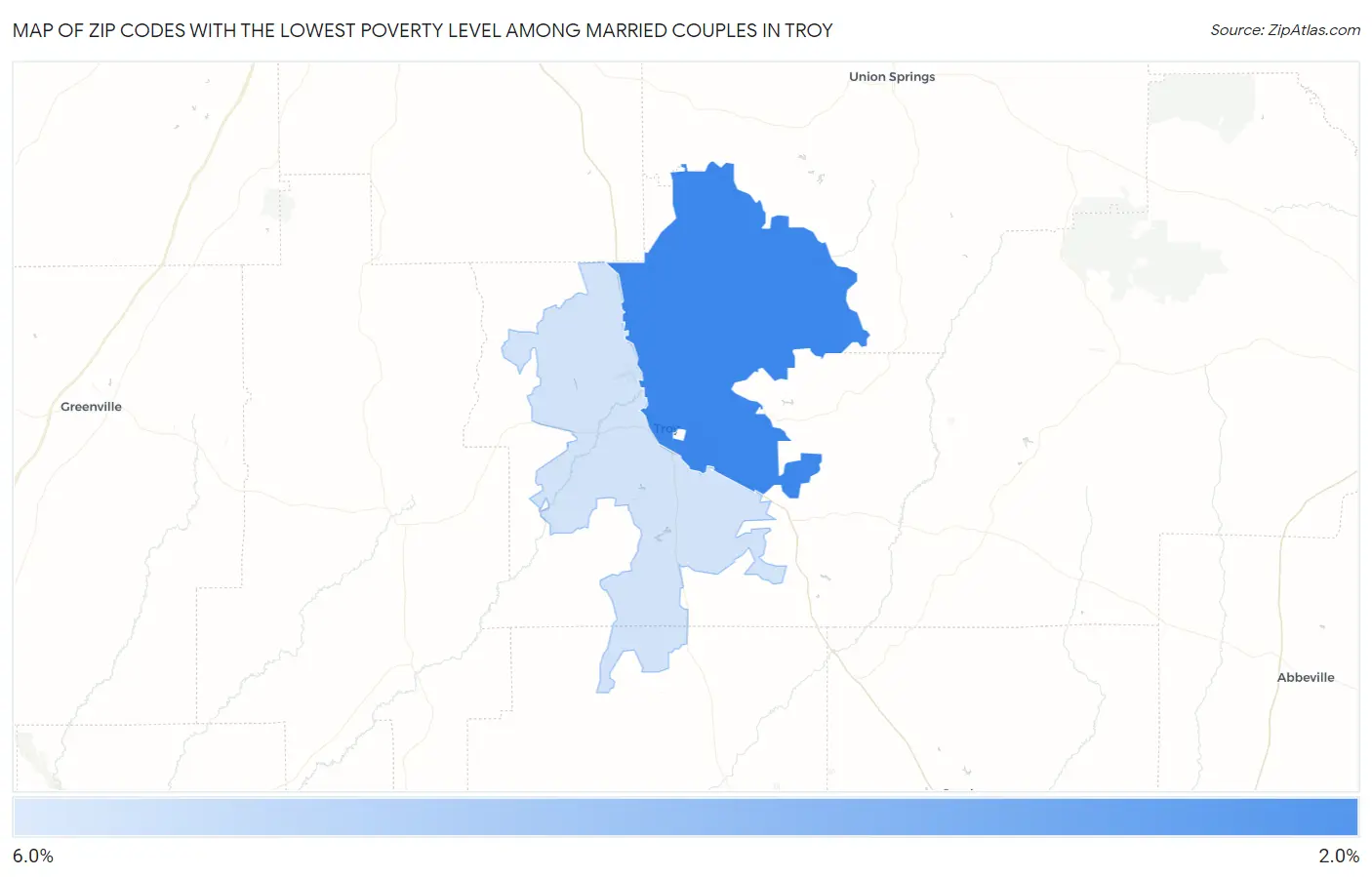 Zip Codes with the Lowest Poverty Level Among Married Couples in Troy Map