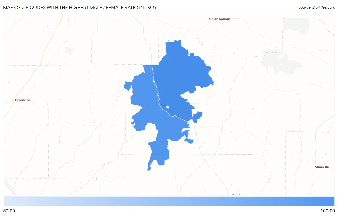 Zip Codes with the Highest Male / Female Ratio in Troy Map