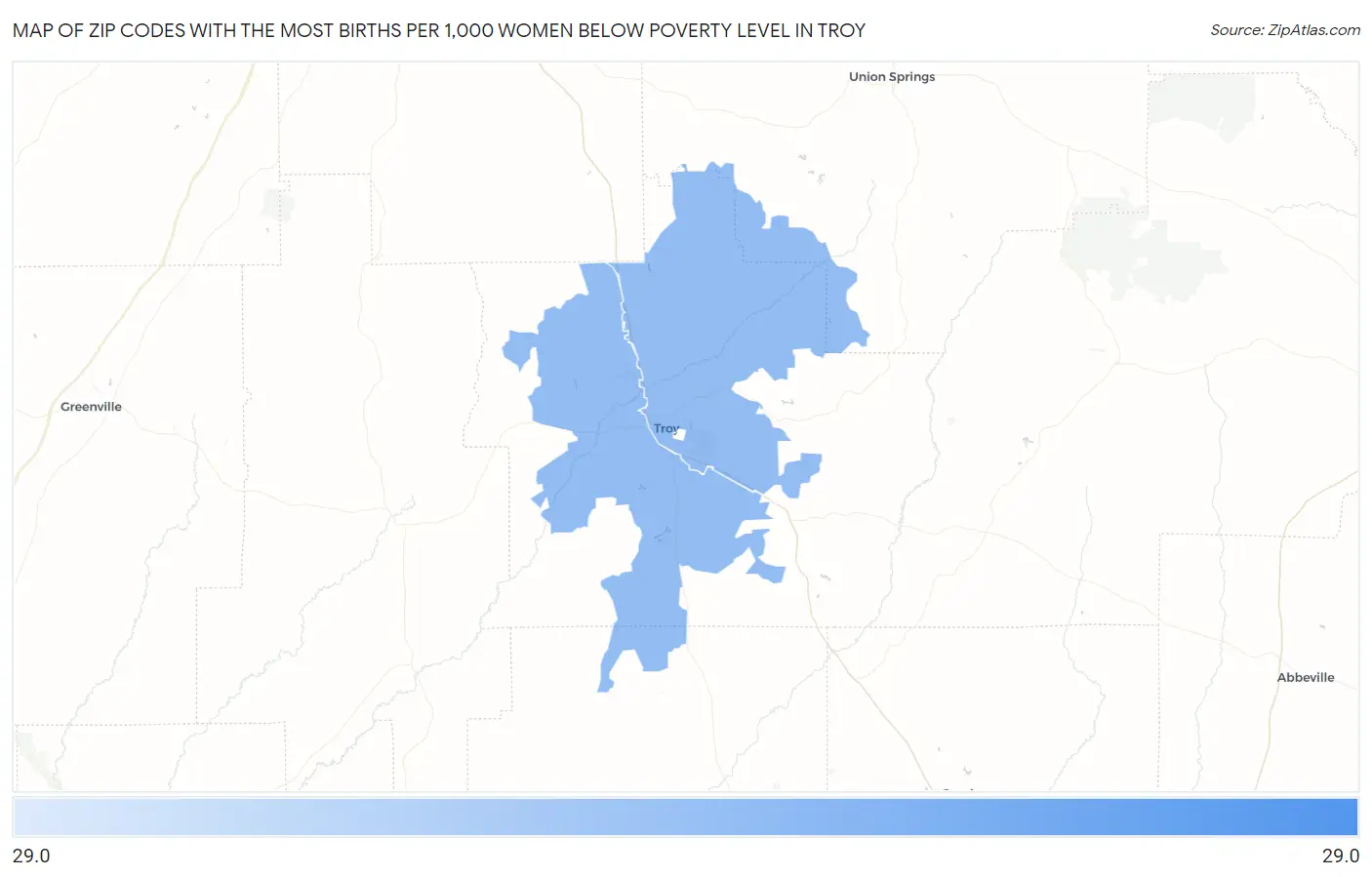 Zip Codes with the Most Births per 1,000 Women Below Poverty Level in Troy Map