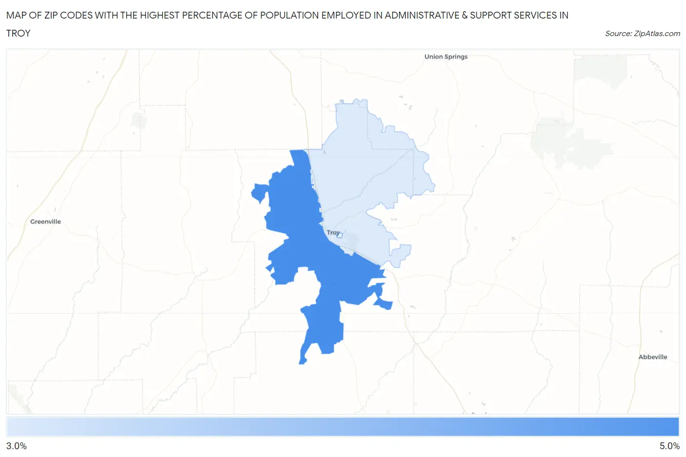 Zip Codes with the Highest Percentage of Population Employed in Administrative & Support Services in Troy Map