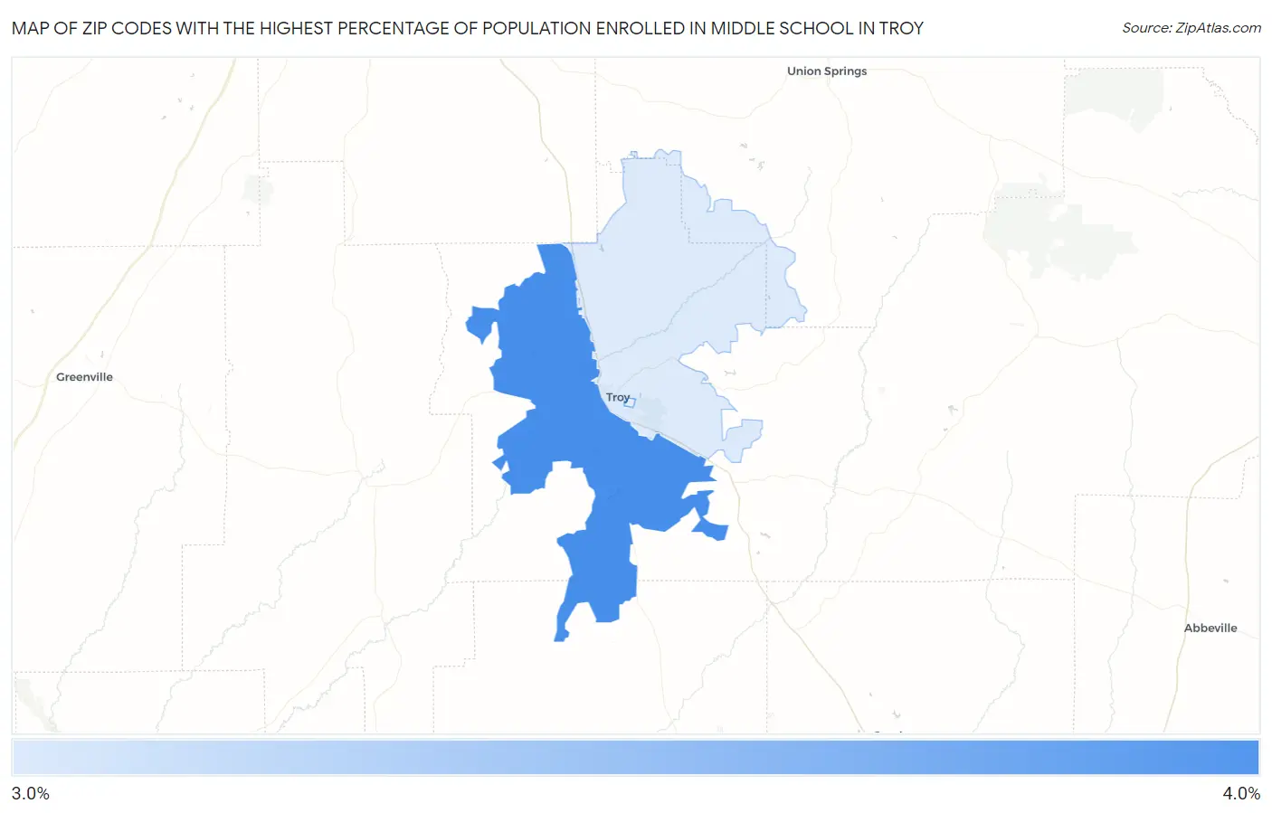 Zip Codes with the Highest Percentage of Population Enrolled in Middle School in Troy Map