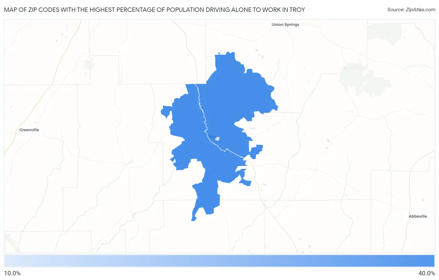 Zip Codes with the Highest Percentage of Population Driving Alone to Work in Troy Map