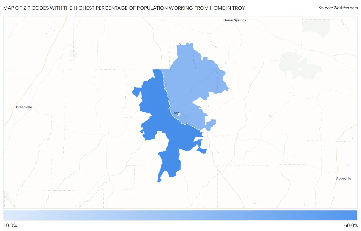 Zip Codes with the Highest Percentage of Population Working from Home in Troy Map