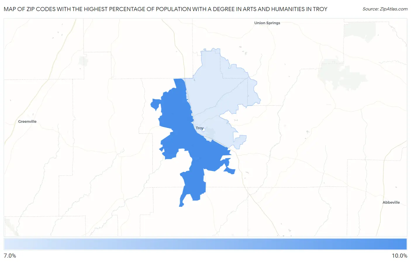 Zip Codes with the Highest Percentage of Population with a Degree in Arts and Humanities in Troy Map