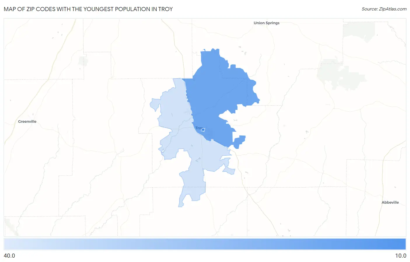 Zip Codes with the Youngest Population in Troy Map