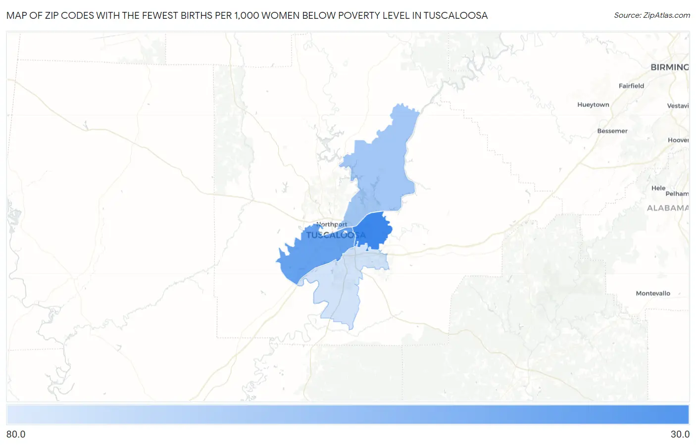 Zip Codes with the Fewest Births per 1,000 Women Below Poverty Level in Tuscaloosa Map