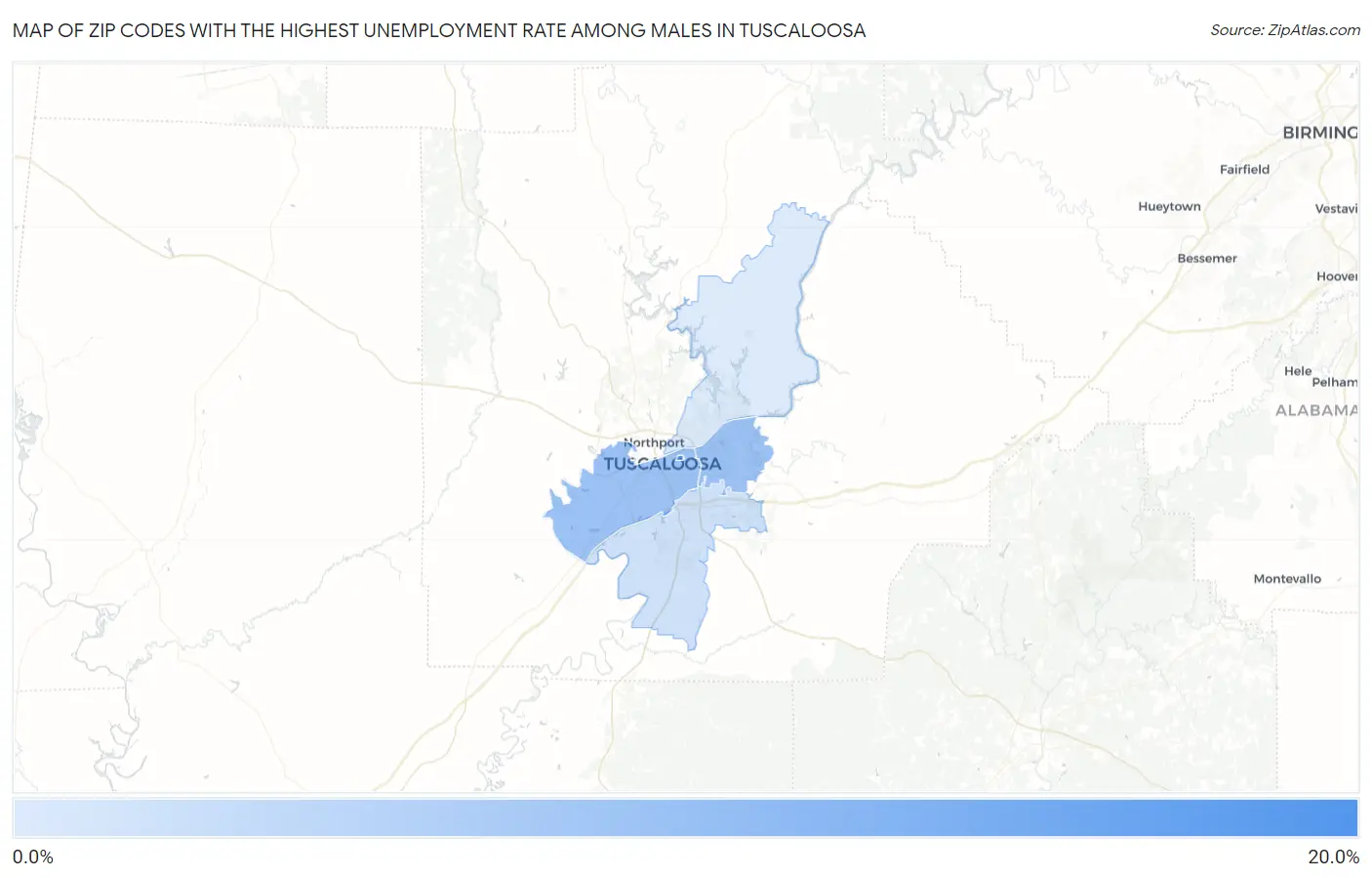 Zip Codes with the Highest Unemployment Rate Among Males in Tuscaloosa Map