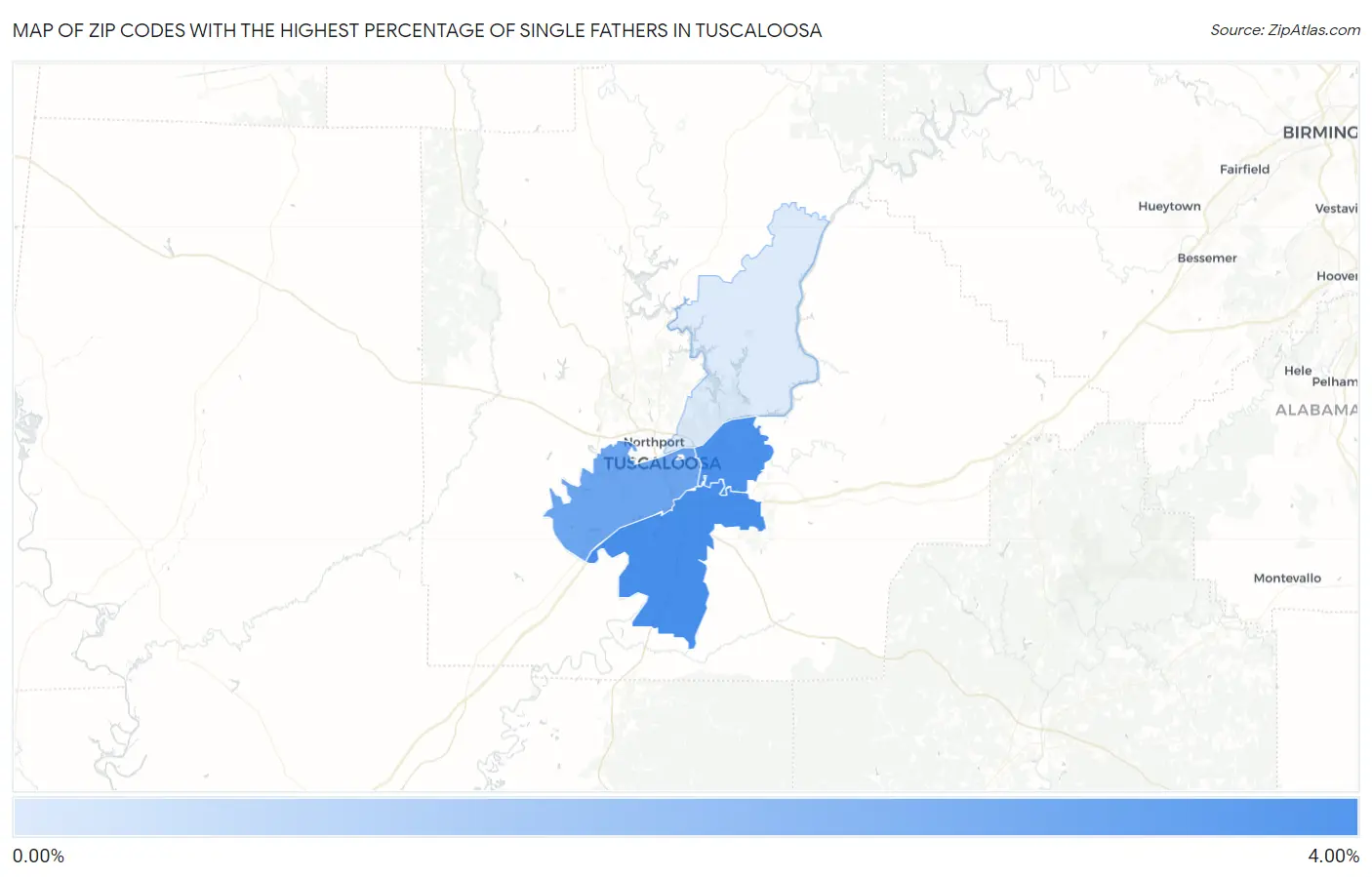 Zip Codes with the Highest Percentage of Single Fathers in Tuscaloosa Map