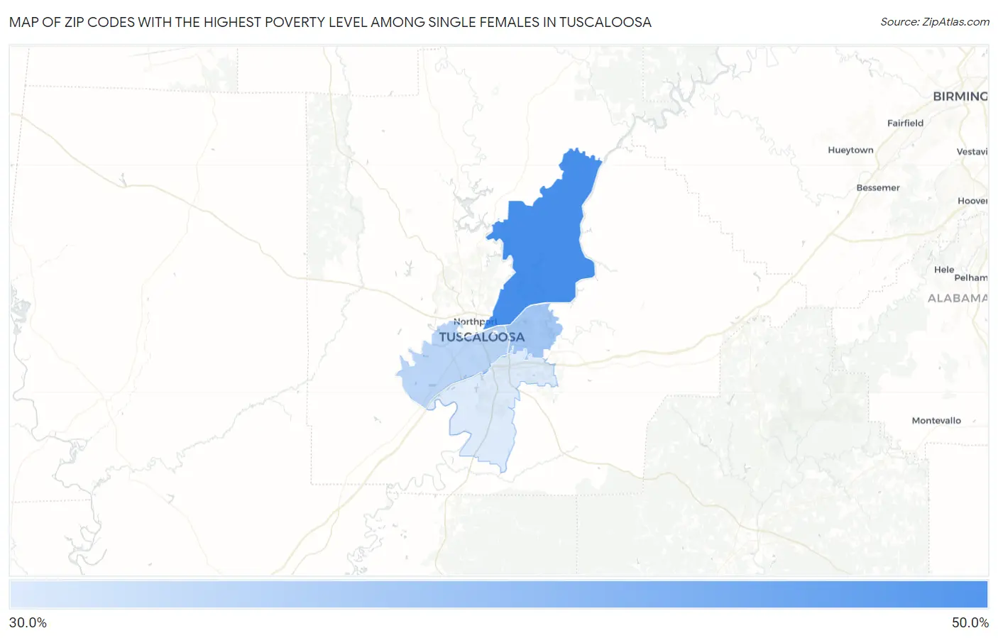Zip Codes with the Highest Poverty Level Among Single Females in Tuscaloosa Map