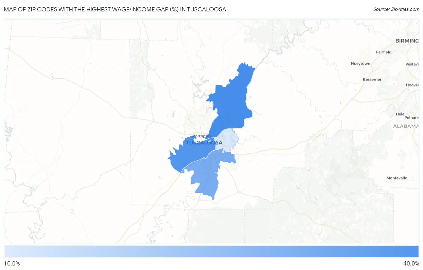 Zip Codes with the Highest Wage/Income Gap (%) in Tuscaloosa Map