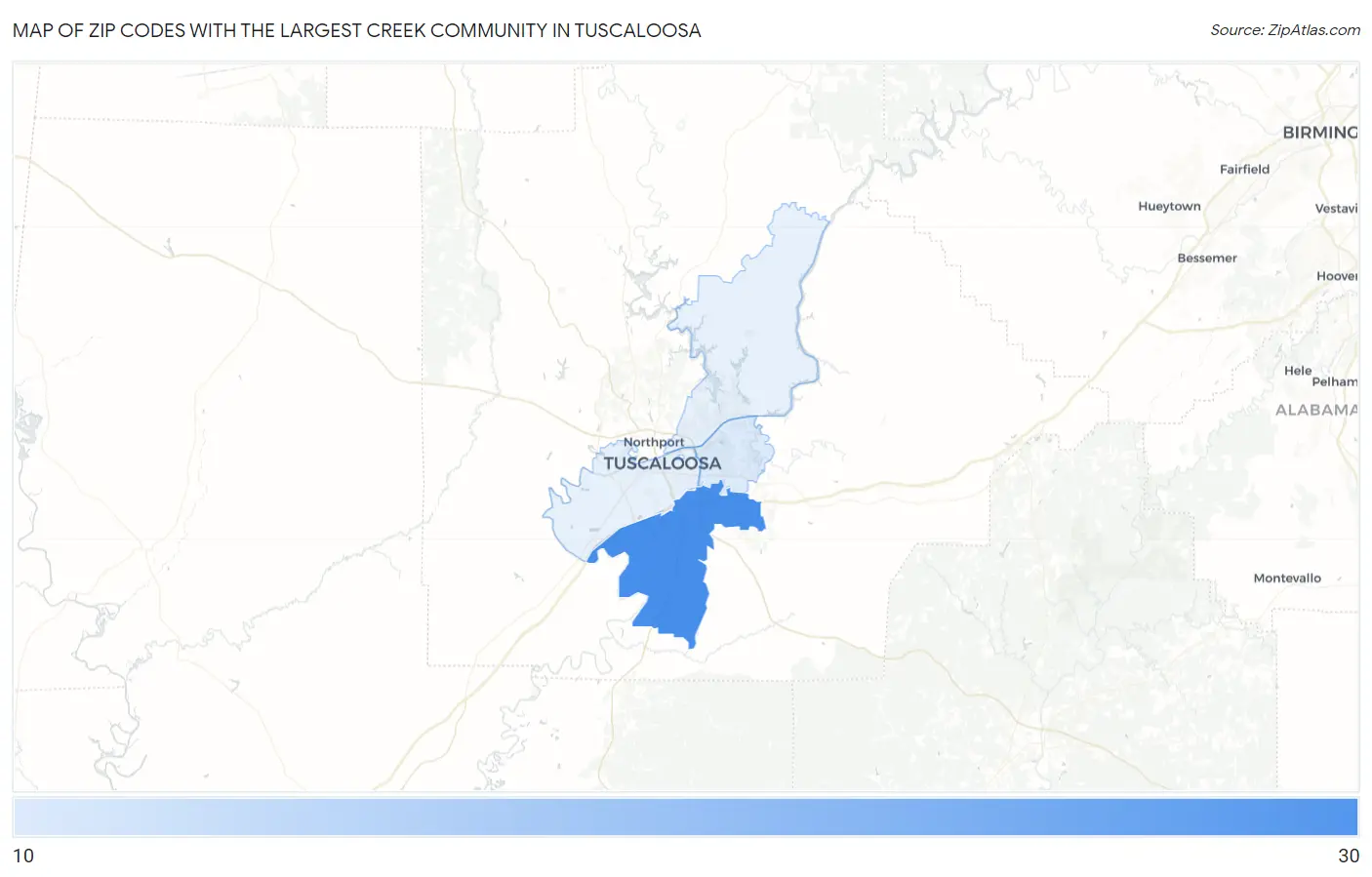 Zip Codes with the Largest Creek Community in Tuscaloosa Map