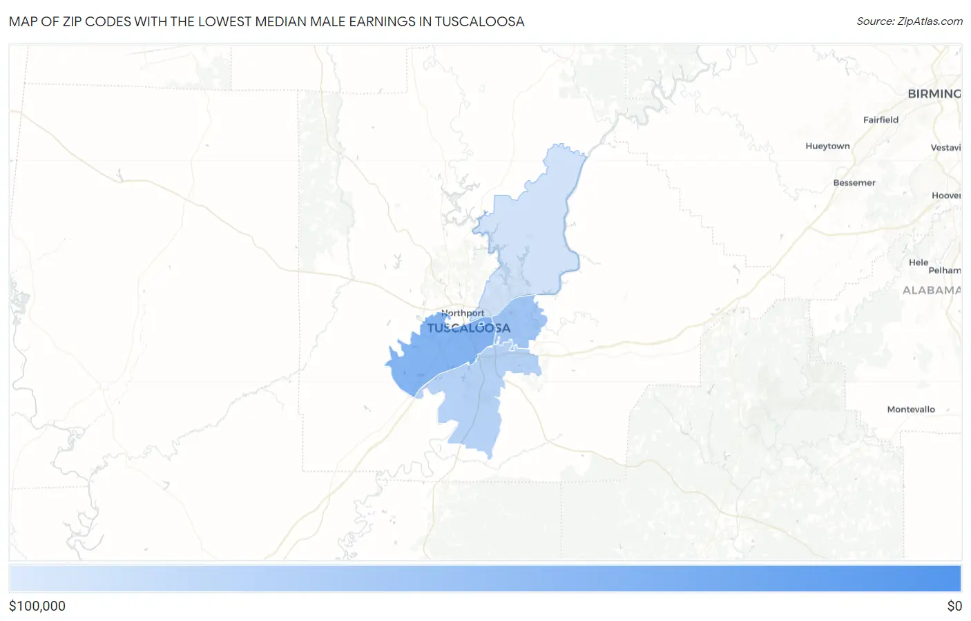 Zip Codes with the Lowest Median Male Earnings in Tuscaloosa Map