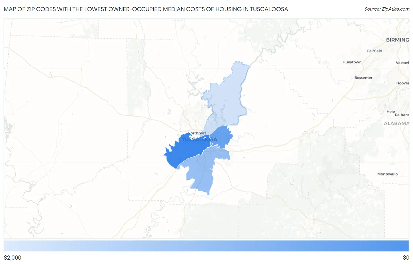 Zip Codes with the Lowest Owner-Occupied Median Costs of Housing in Tuscaloosa Map