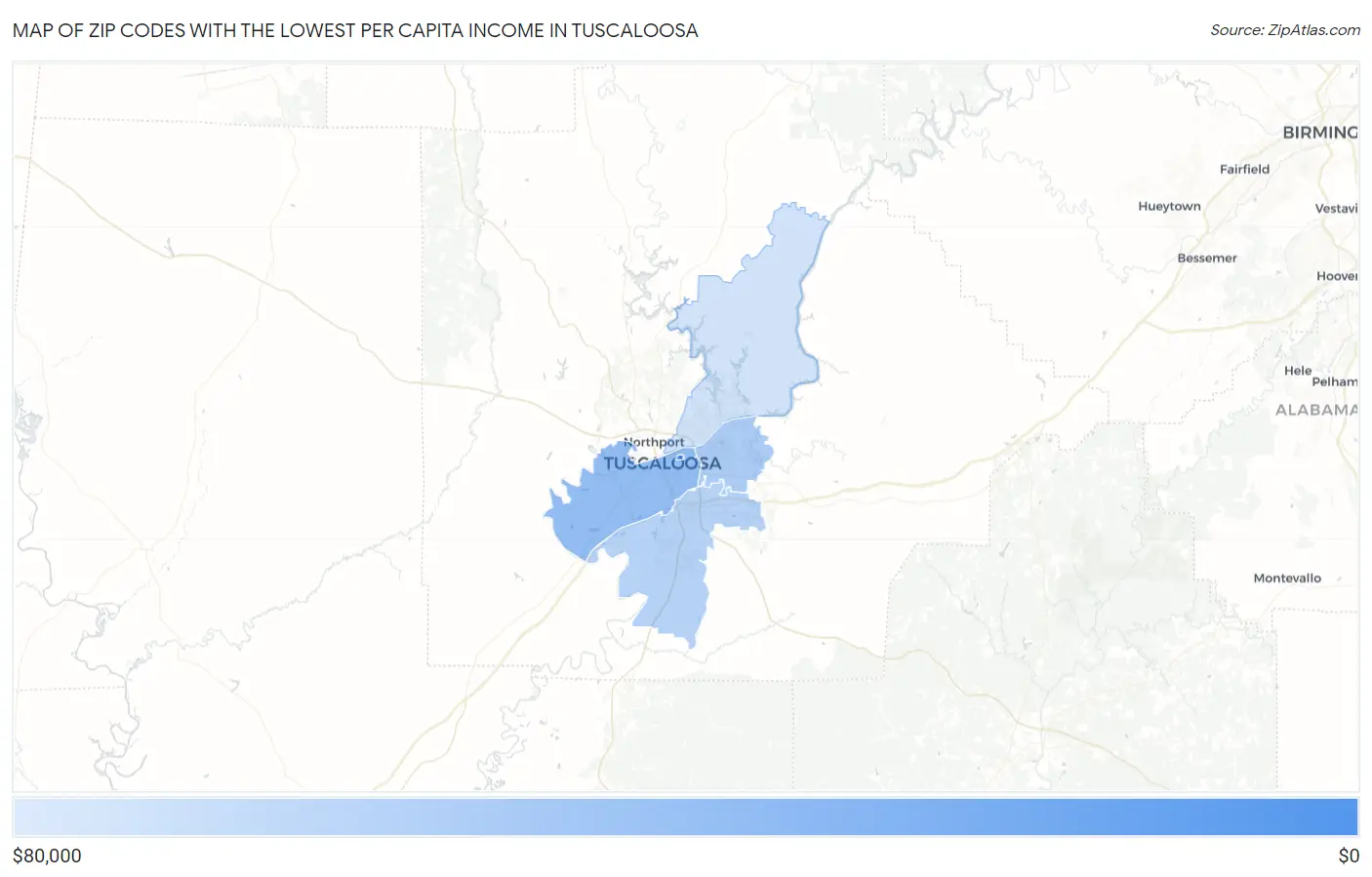 Zip Codes with the Lowest Per Capita Income in Tuscaloosa Map