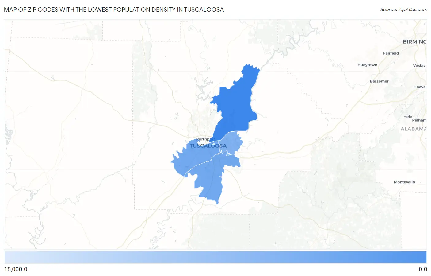 Zip Codes with the Lowest Population Density in Tuscaloosa Map