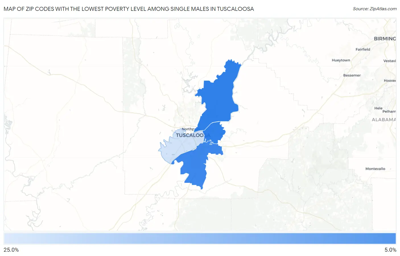 Zip Codes with the Lowest Poverty Level Among Single Males in Tuscaloosa Map