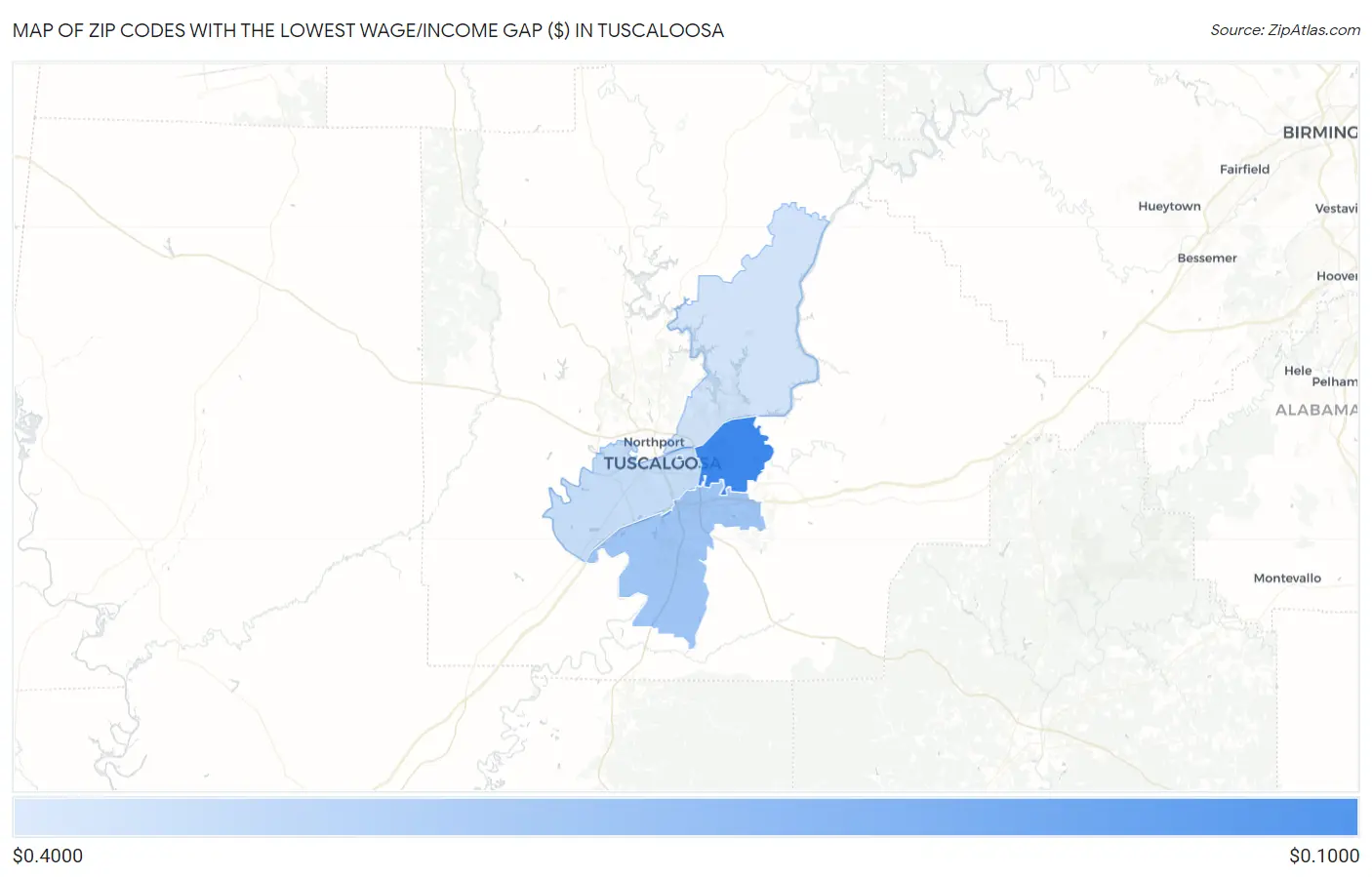 Zip Codes with the Lowest Wage/Income Gap ($) in Tuscaloosa Map