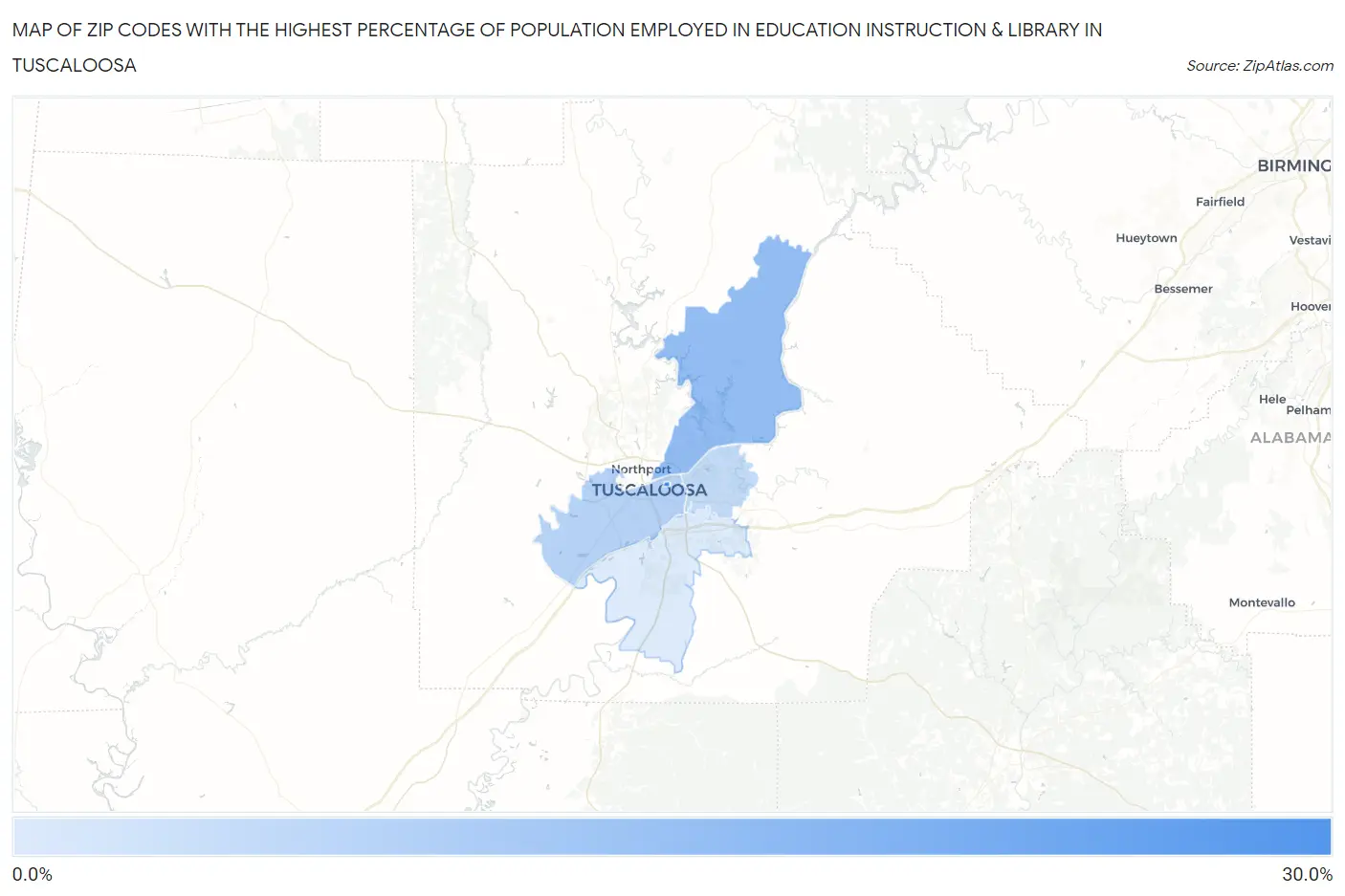Zip Codes with the Highest Percentage of Population Employed in Education Instruction & Library in Tuscaloosa Map